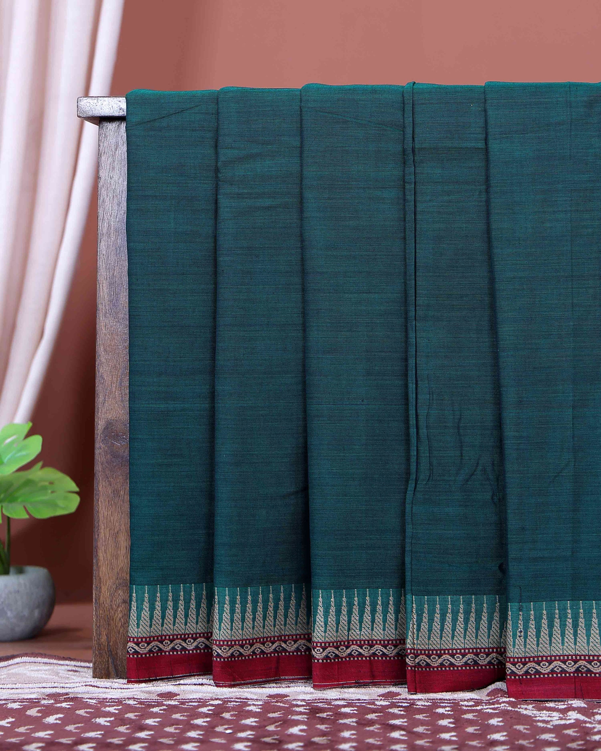 Traditional Narayanpet Cotton Saree with Traditional Temple Border and Intricate Geometric Zari Style - Dark Green