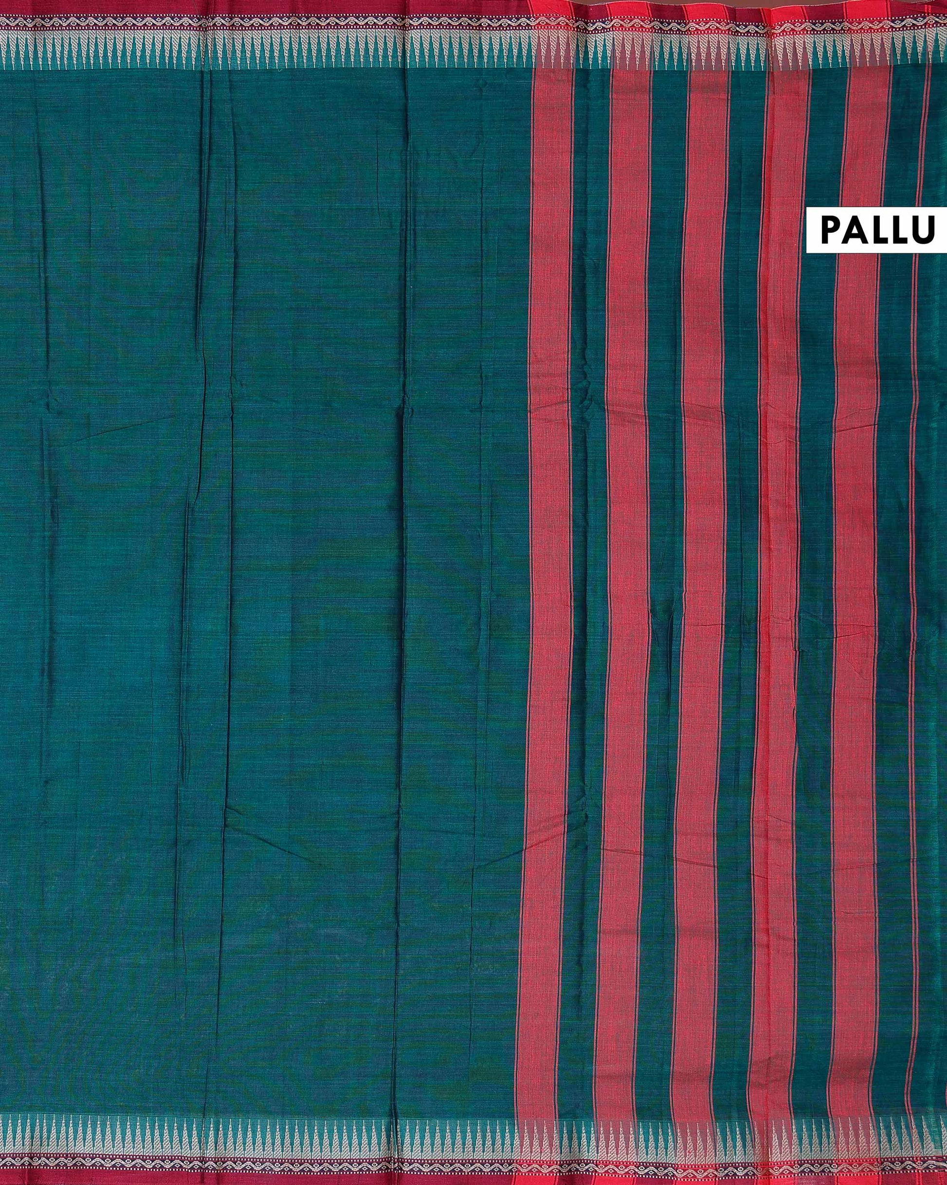 Traditional Narayanpet Cotton Saree with Traditional Temple Border and Intricate Geometric Zari Style - Dark Green