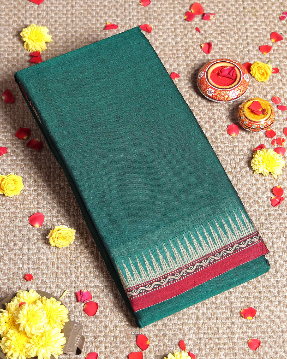 Traditional Narayanpet Cotton Saree with Traditional Temple Border and Intricate Geometric Zari Style - Dark Green