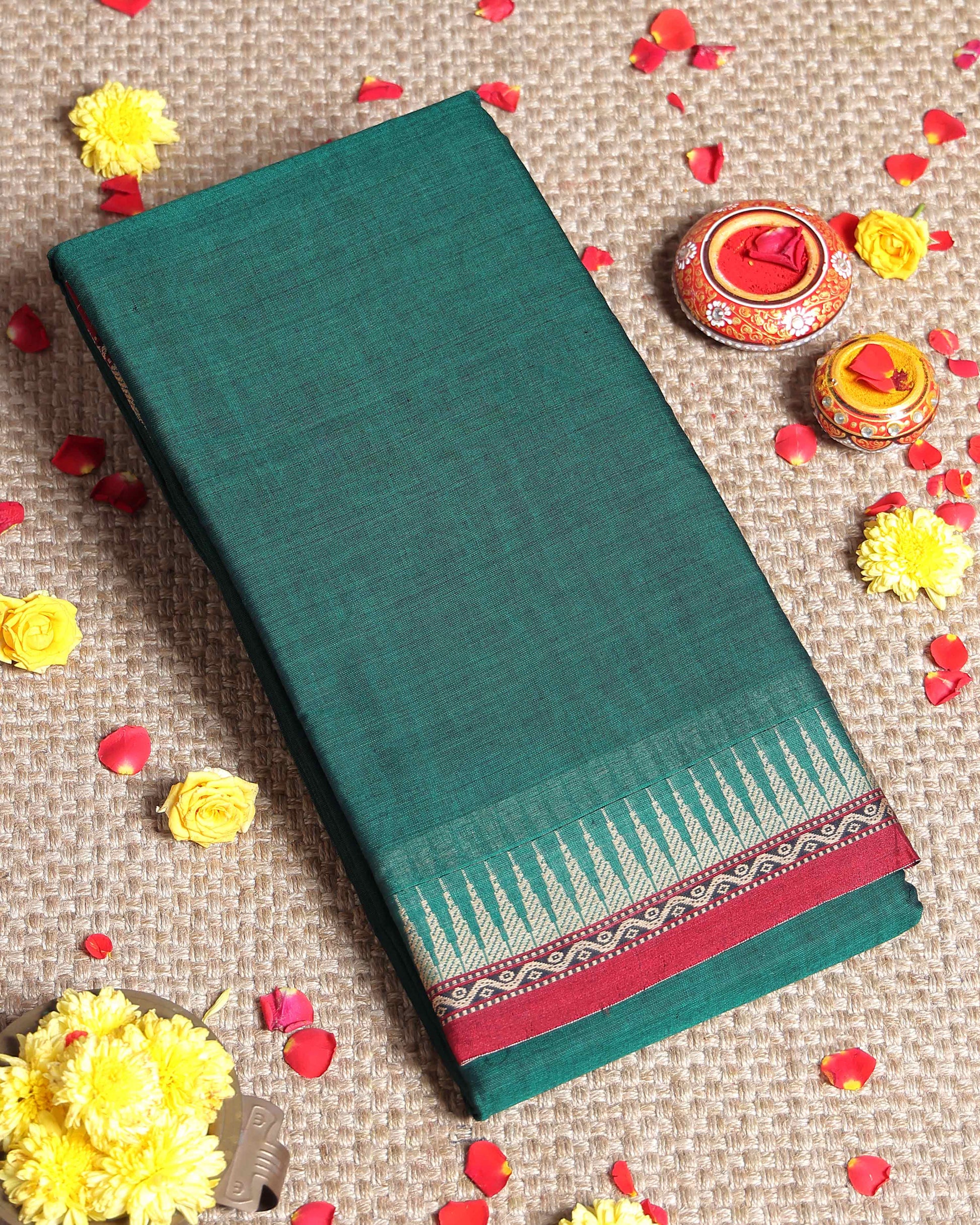 Traditional Narayanpet Cotton Saree with Traditional Temple Border and Intricate Geometric Zari Style - Dark Green