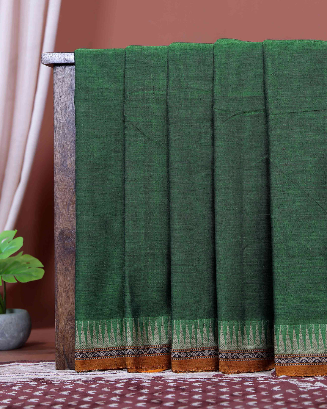 Traditional Narayanpet Cotton Saree with Traditional Temple Border and Intricate Geometric Zari Style - Green