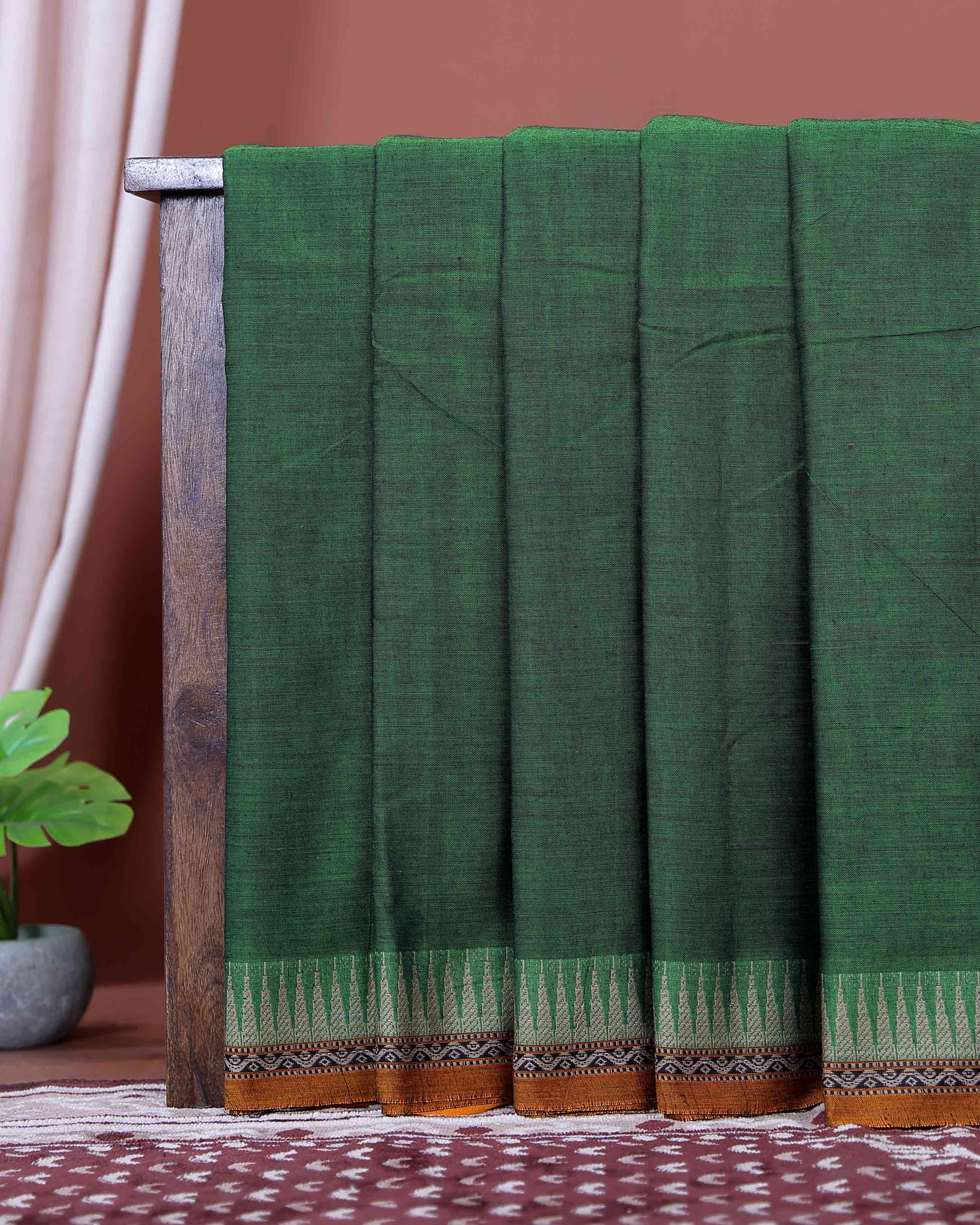 Traditional Narayanpet Cotton Saree with Traditional Temple Border and Intricate Geometric Zari Style - Green