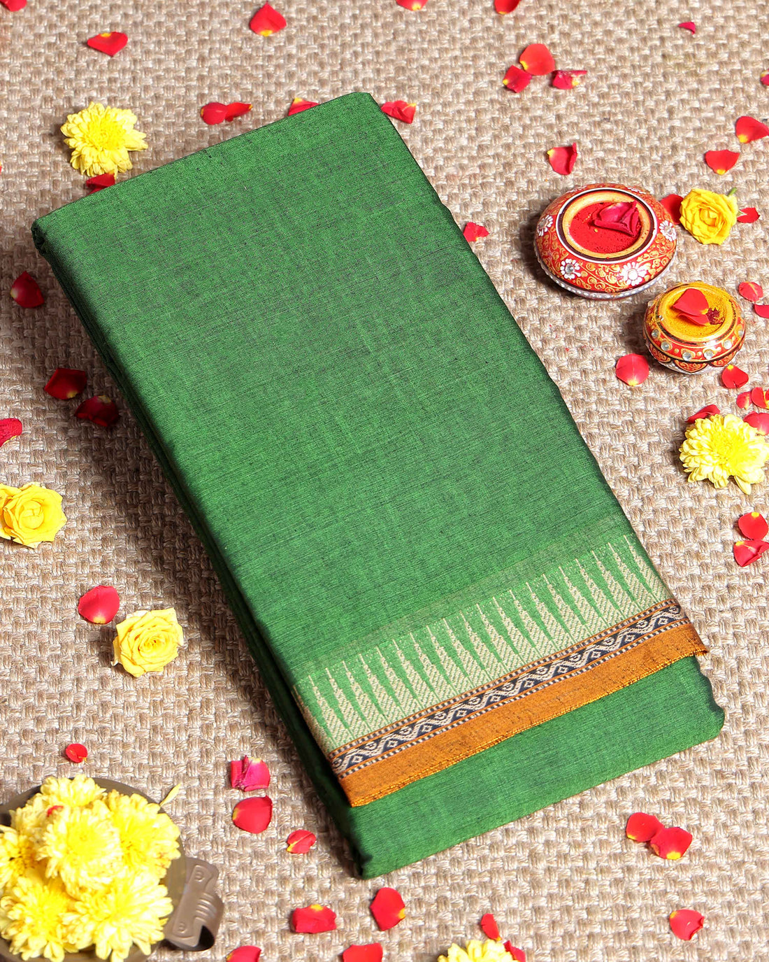 Traditional Narayanpet Cotton Saree with Traditional Temple Border and Intricate Geometric Zari Style - Green