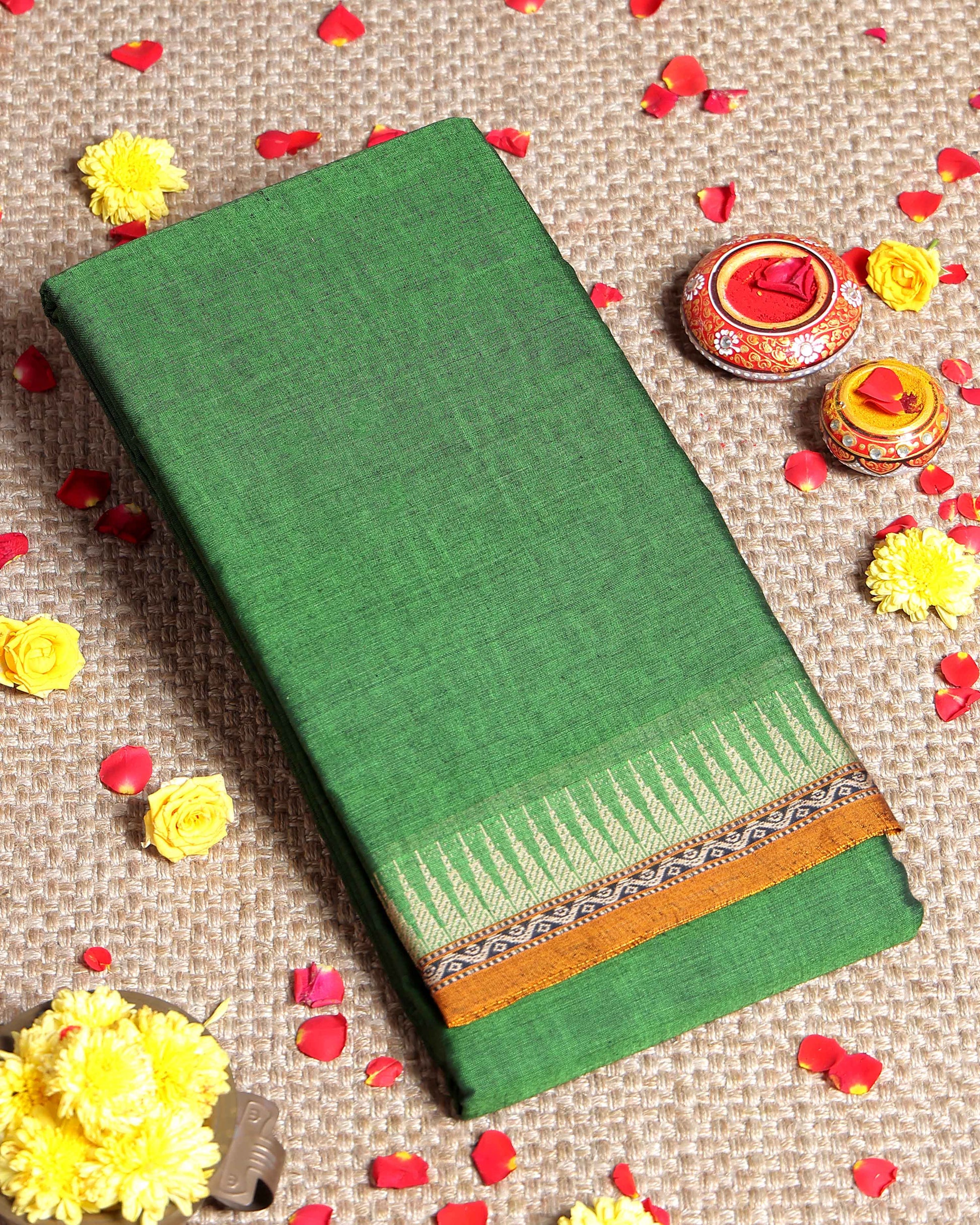 Traditional Narayanpet Cotton Saree with Traditional Temple Border and Intricate Geometric Zari Style - Green