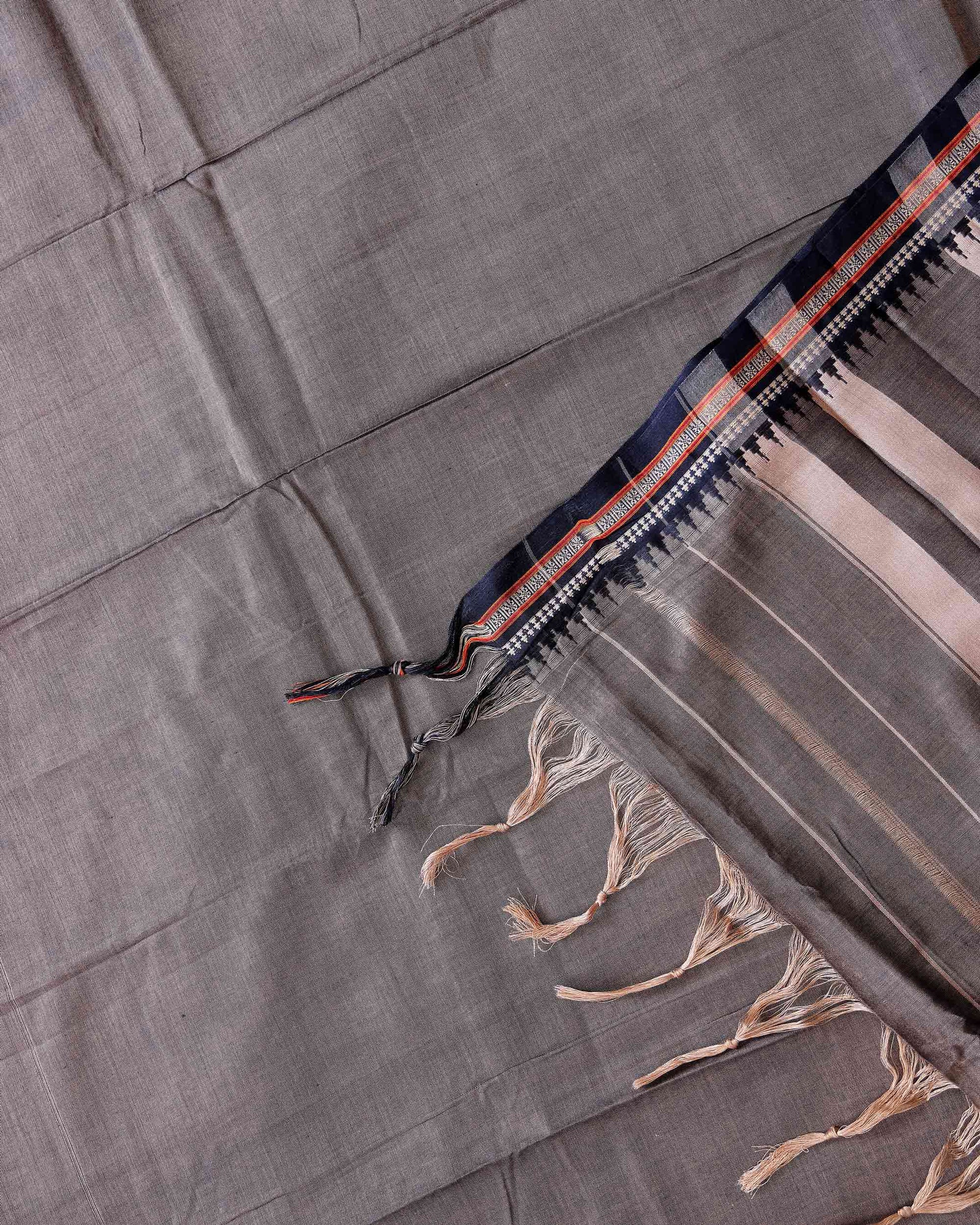 Traditional Narayanpet Cotton Saree with Traditional Temple Border and Intricate Zari Style Geometric Weave - Grey