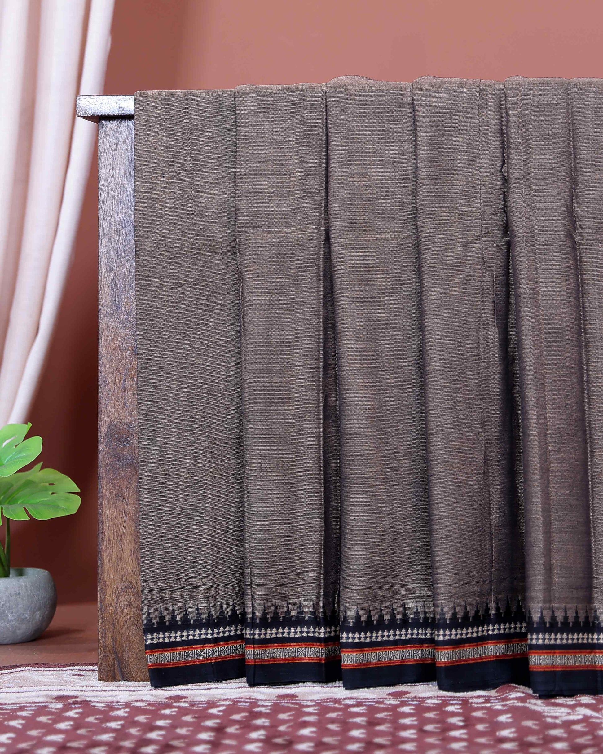Traditional Narayanpet Cotton Saree with Traditional Temple Border and Intricate Zari Style Geometric Weave - Grey
