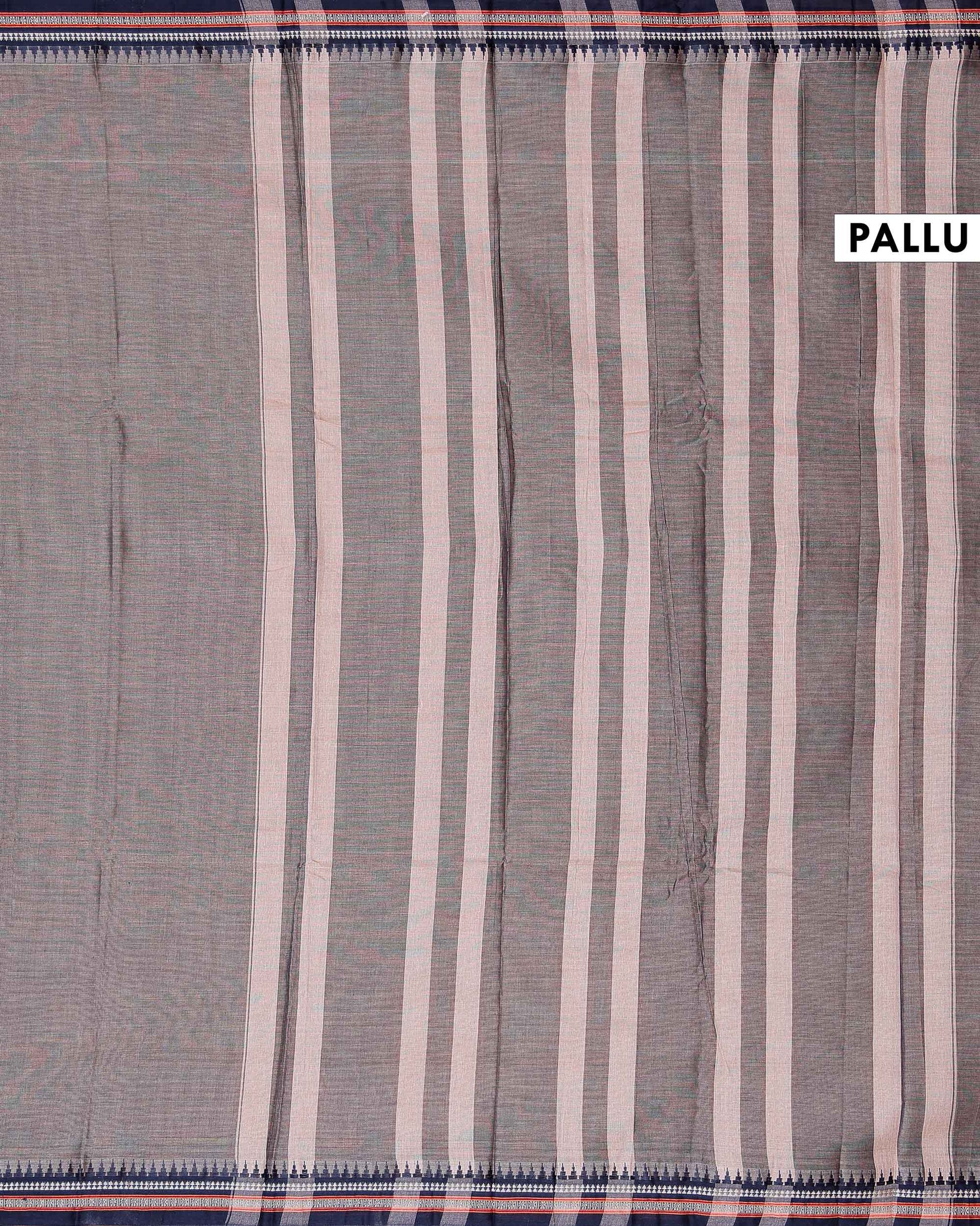 Traditional Narayanpet Cotton Saree with Traditional Temple Border and Intricate Zari Style Geometric Weave - Grey