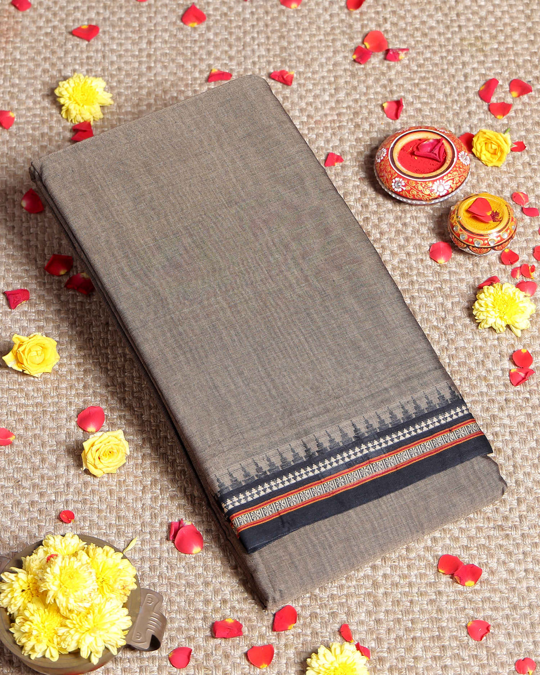 Traditional Narayanpet Cotton Saree with Traditional Temple Border and Intricate Zari Style Geometric Weave - Grey