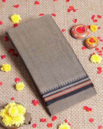 Traditional Narayanpet Cotton Saree with Traditional Temple Border and Intricate Zari Style Geometric Weave - Grey