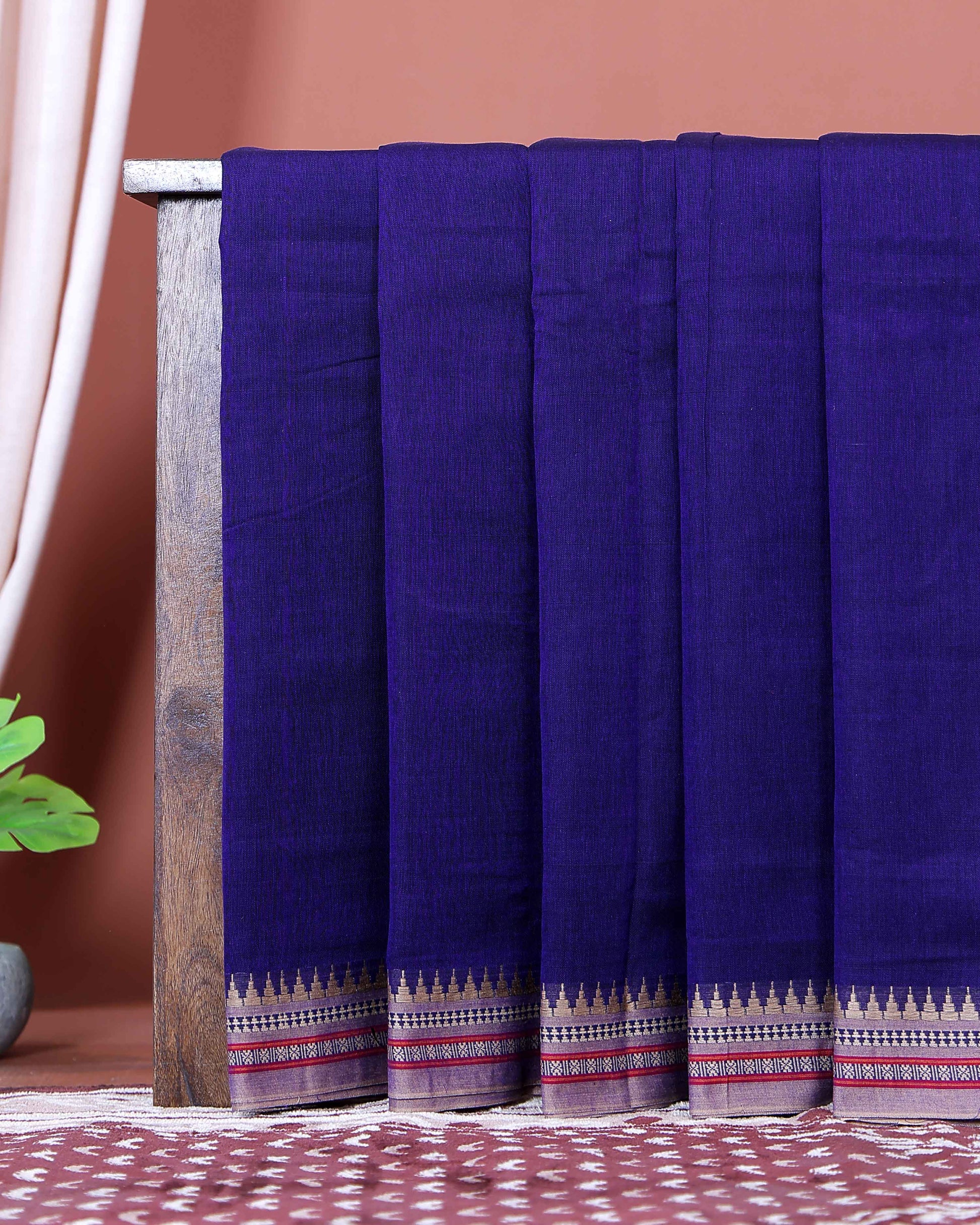 Traditional Narayanpet Cotton Saree with Traditional Temple Border and Intricate Zari Style Geometric Weave - Purple