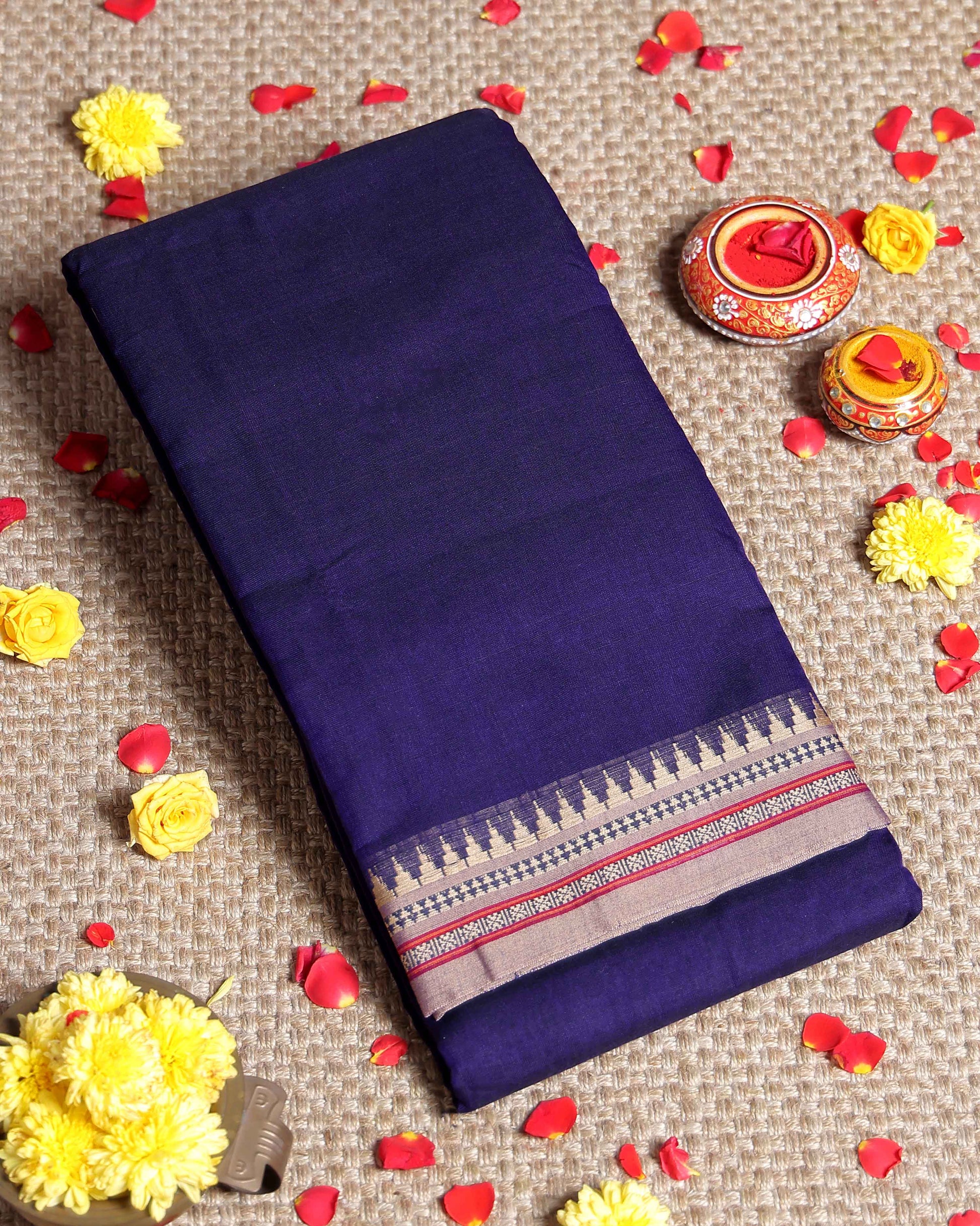 Traditional Narayanpet Cotton Saree with Traditional Temple Border and Intricate Zari Style Geometric Weave - Purple