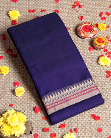 Traditional Narayanpet Cotton Saree with Traditional Temple Border and Intricate Zari Style Geometric Weave - Purple