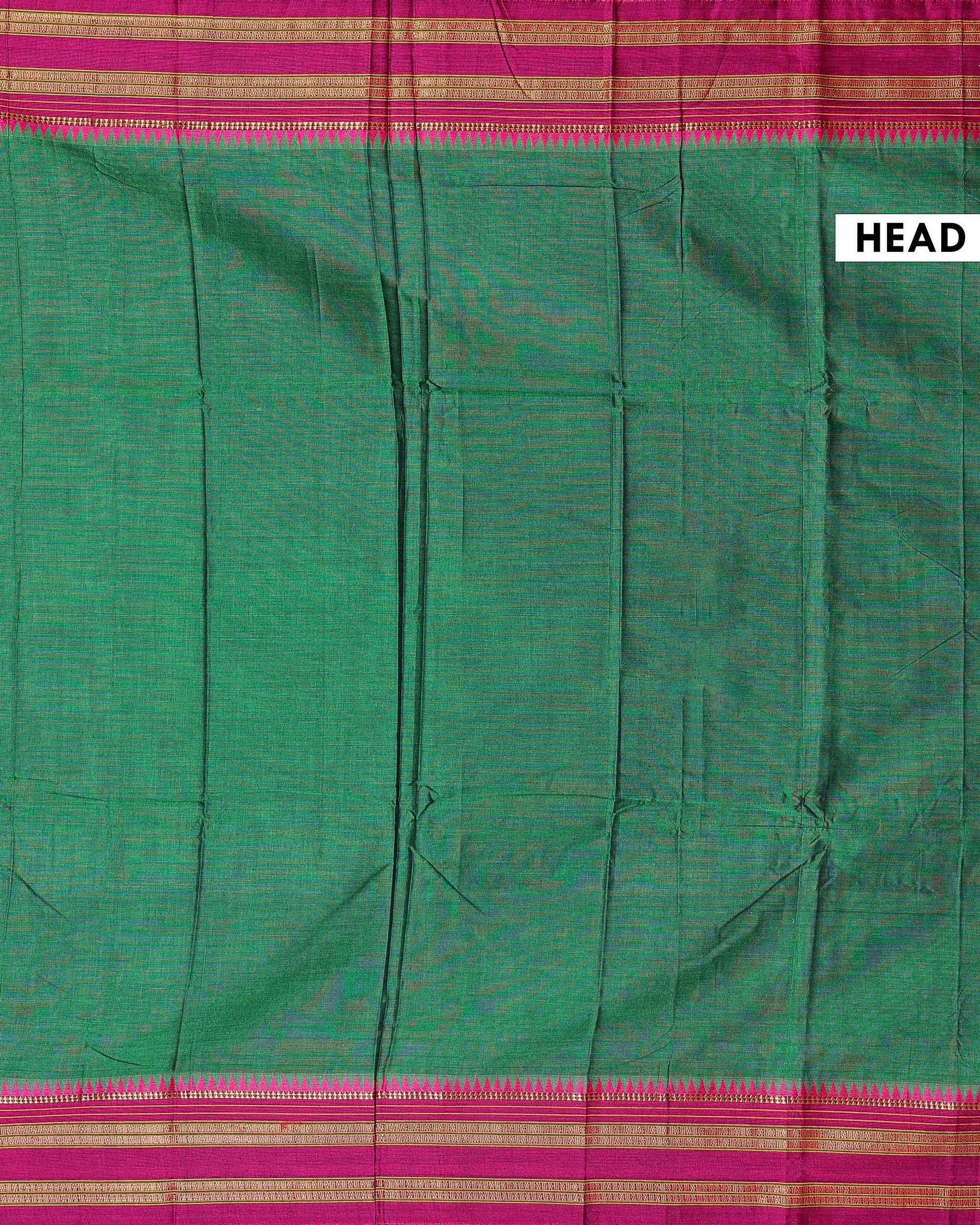 Traditional Narayanpet Cotton Saree with Traditional Temple Border and Rich Multi Stripe Zari Style Weave - Green