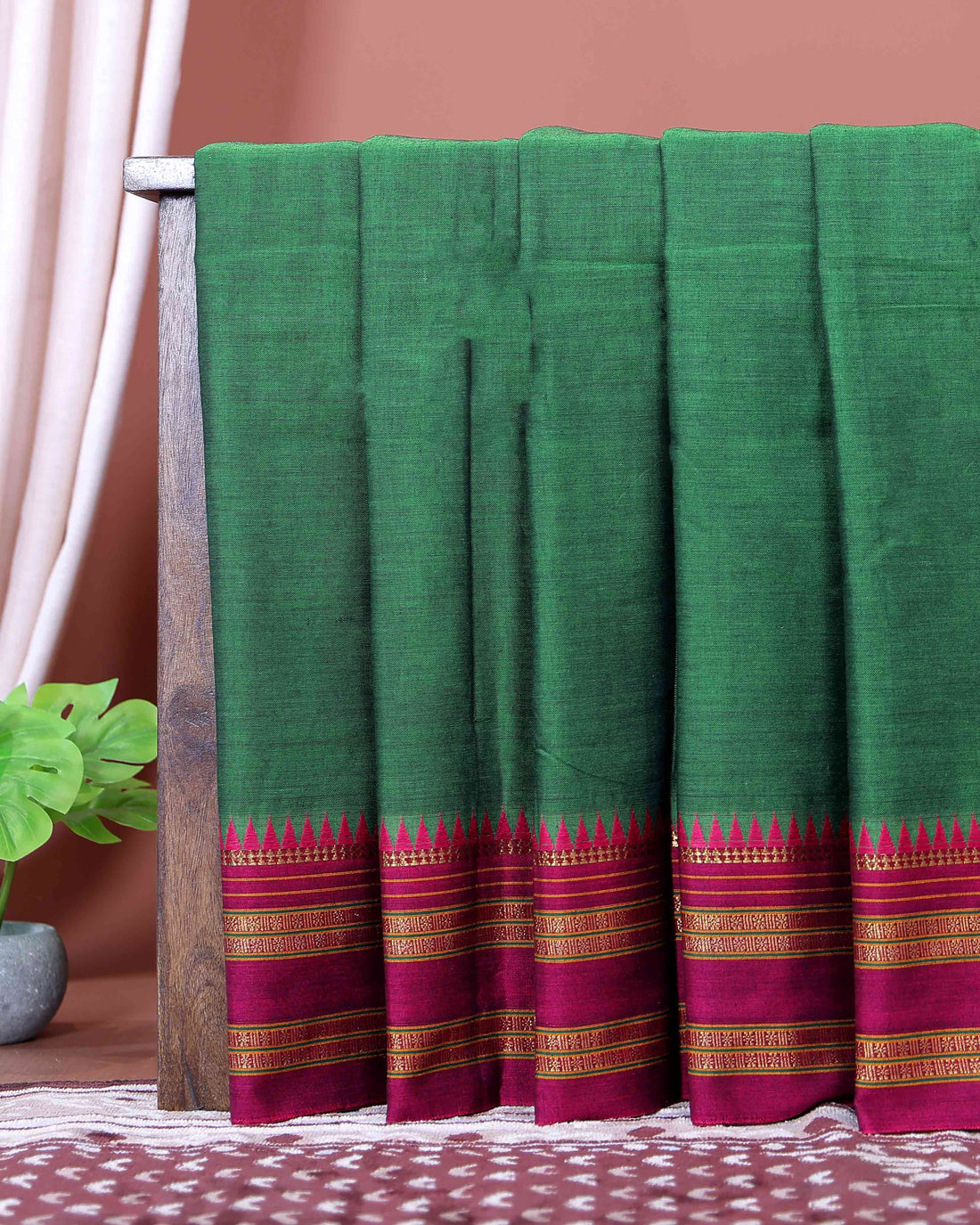 Traditional Narayanpet Cotton Saree with Traditional Temple Border and Rich Multi Stripe Zari Style Weave - Green