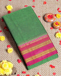 Traditional Narayanpet Cotton Saree with Traditional Temple Border and Rich Multi Stripe Zari Style Weave - Green