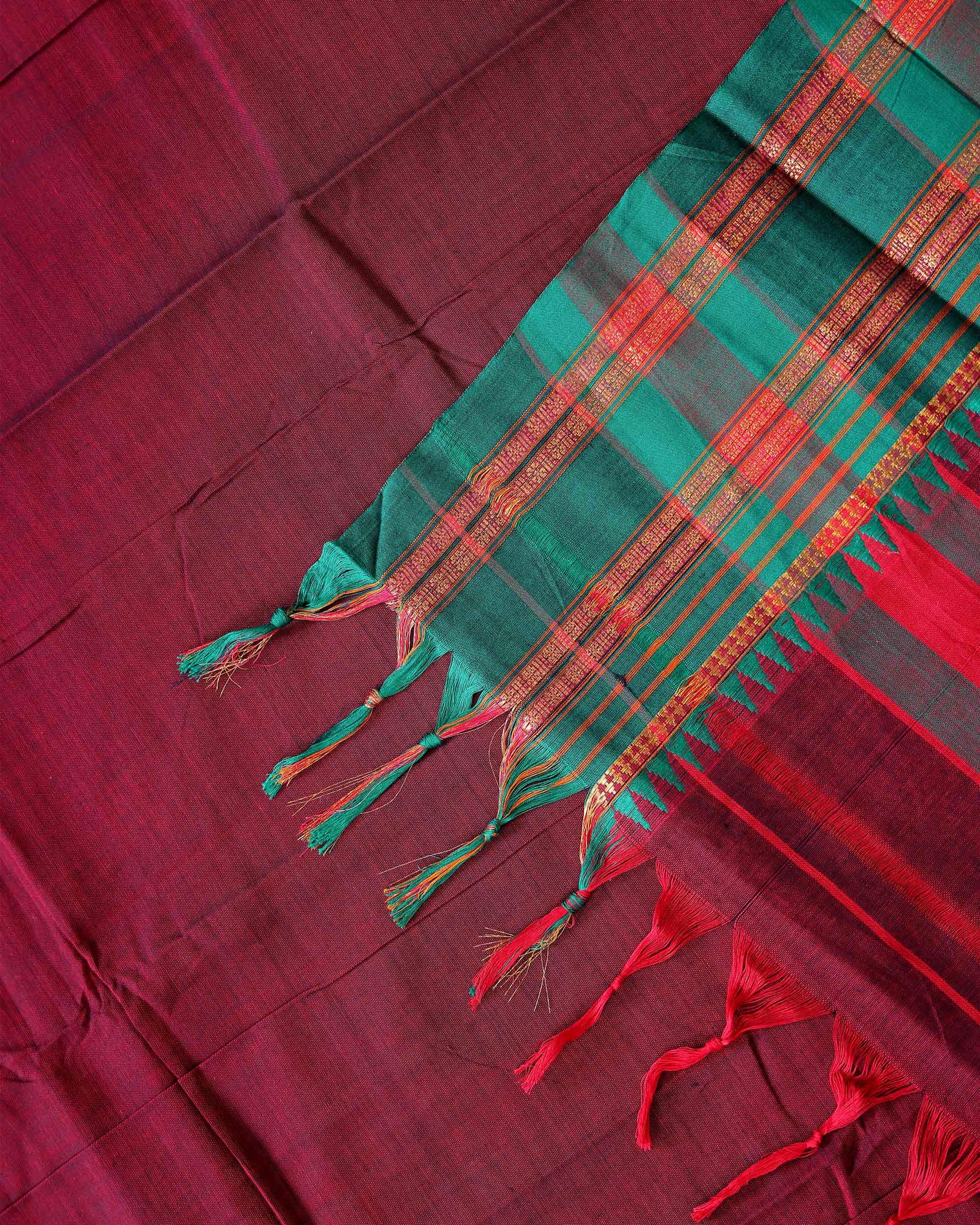 Traditional Narayanpet Cotton Saree with Traditional Temple Border and Rich Multi Stripe Zari Style Weave - Maroon