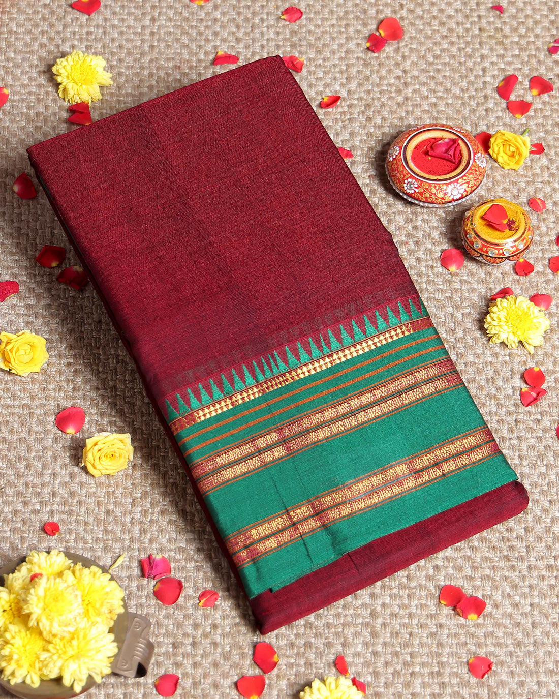 Traditional Narayanpet Cotton Saree with Traditional Temple Border and Rich Multi Stripe Zari Style Weave - Maroon