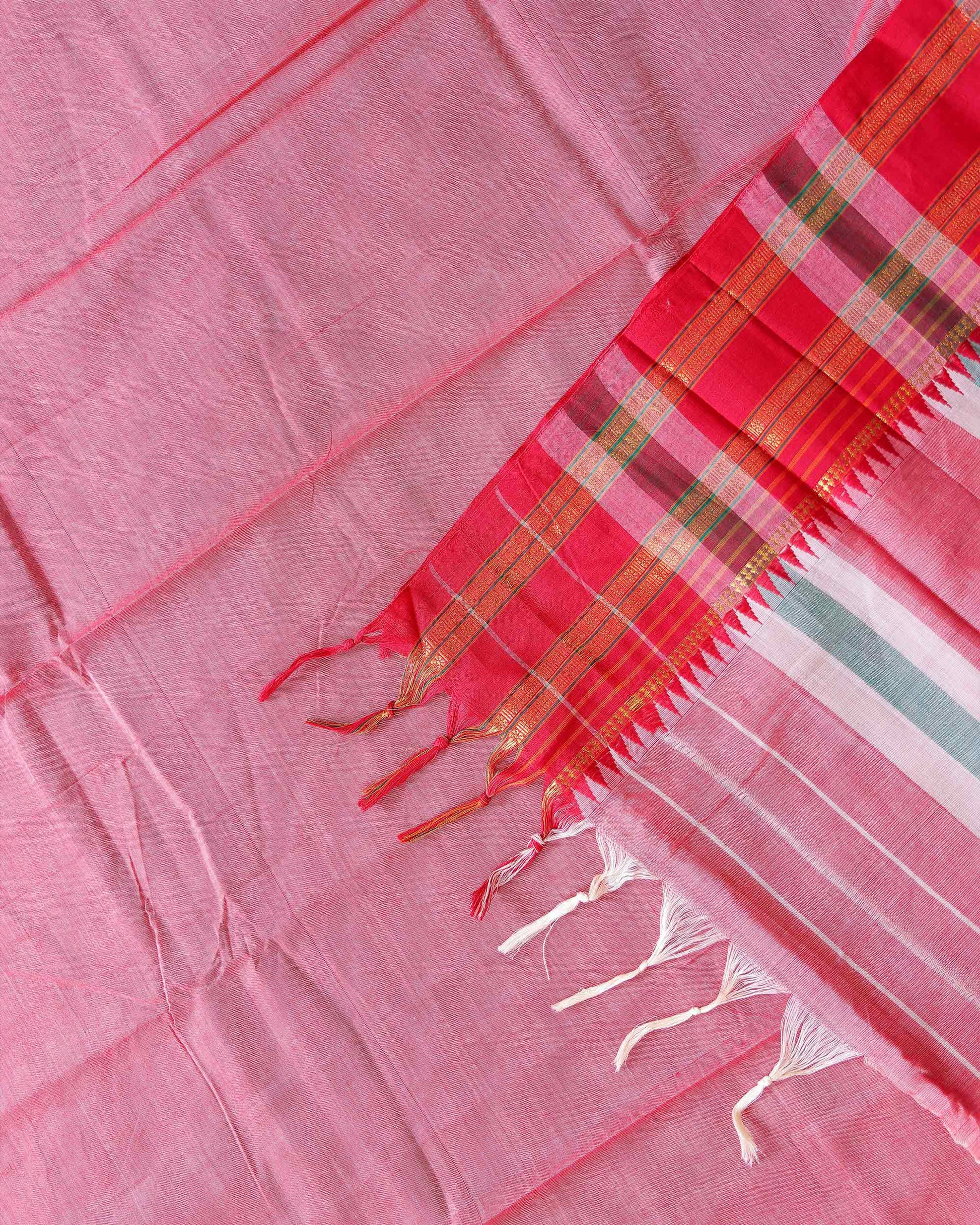 Traditional Narayanpet Cotton Saree with Traditional Temple Border and Rich Multi Stripe Zari Style Weave - Pink