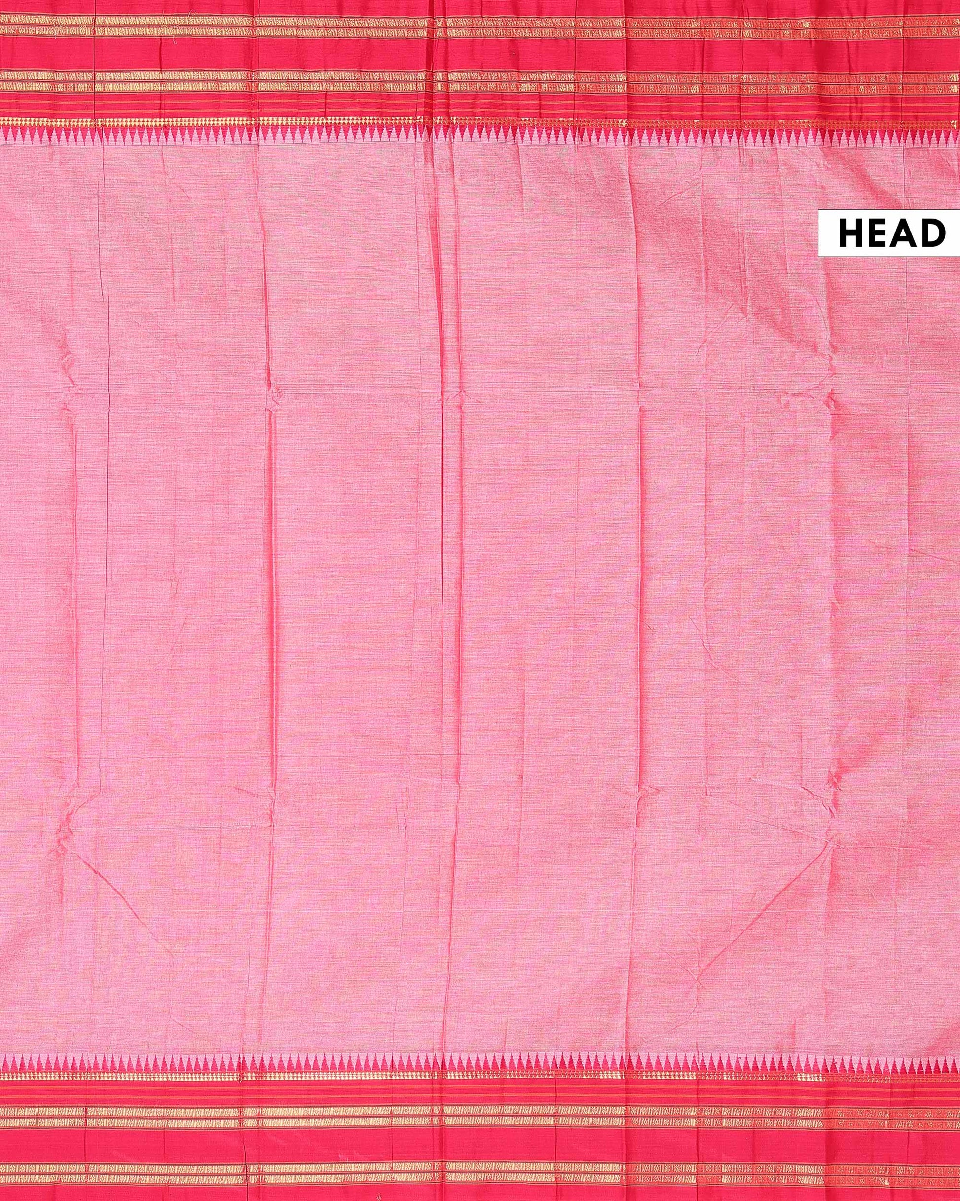 Traditional Narayanpet Cotton Saree with Traditional Temple Border and Rich Multi Stripe Zari Style Weave - Pink
