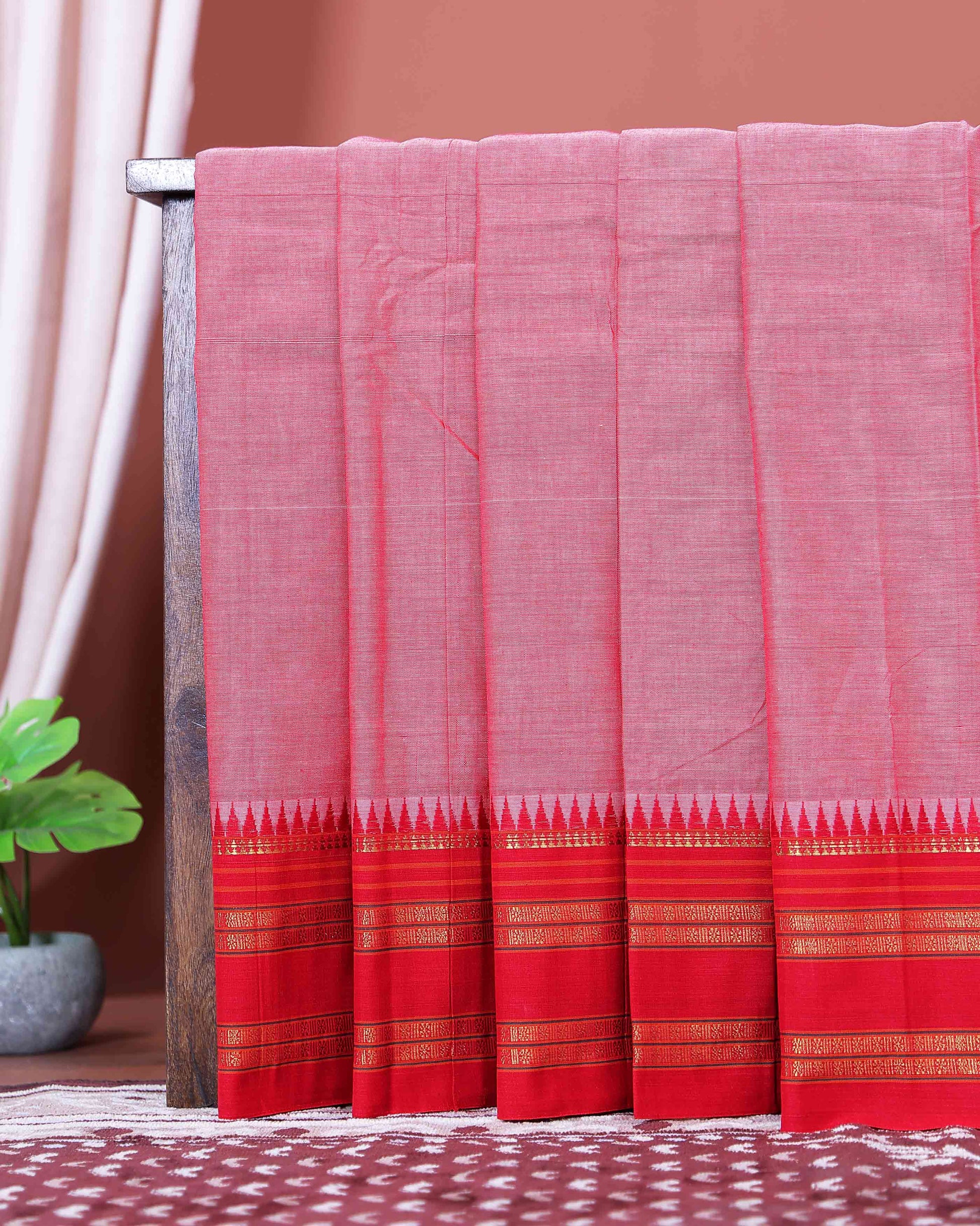 Traditional Narayanpet Cotton Saree with Traditional Temple Border and Rich Multi Stripe Zari Style Weave - Pink