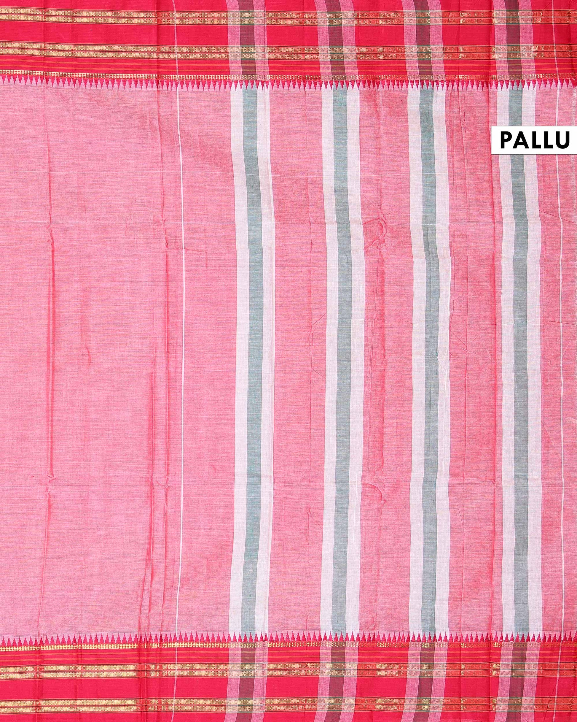 Traditional Narayanpet Cotton Saree with Traditional Temple Border and Rich Multi Stripe Zari Style Weave - Pink