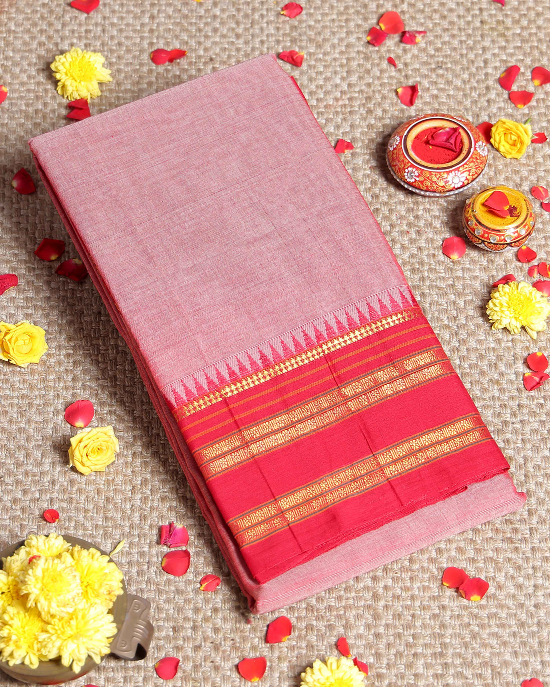 Traditional Narayanpet Cotton Saree with Traditional Temple Border and Rich Multi Stripe Zari Style Weave - Pink