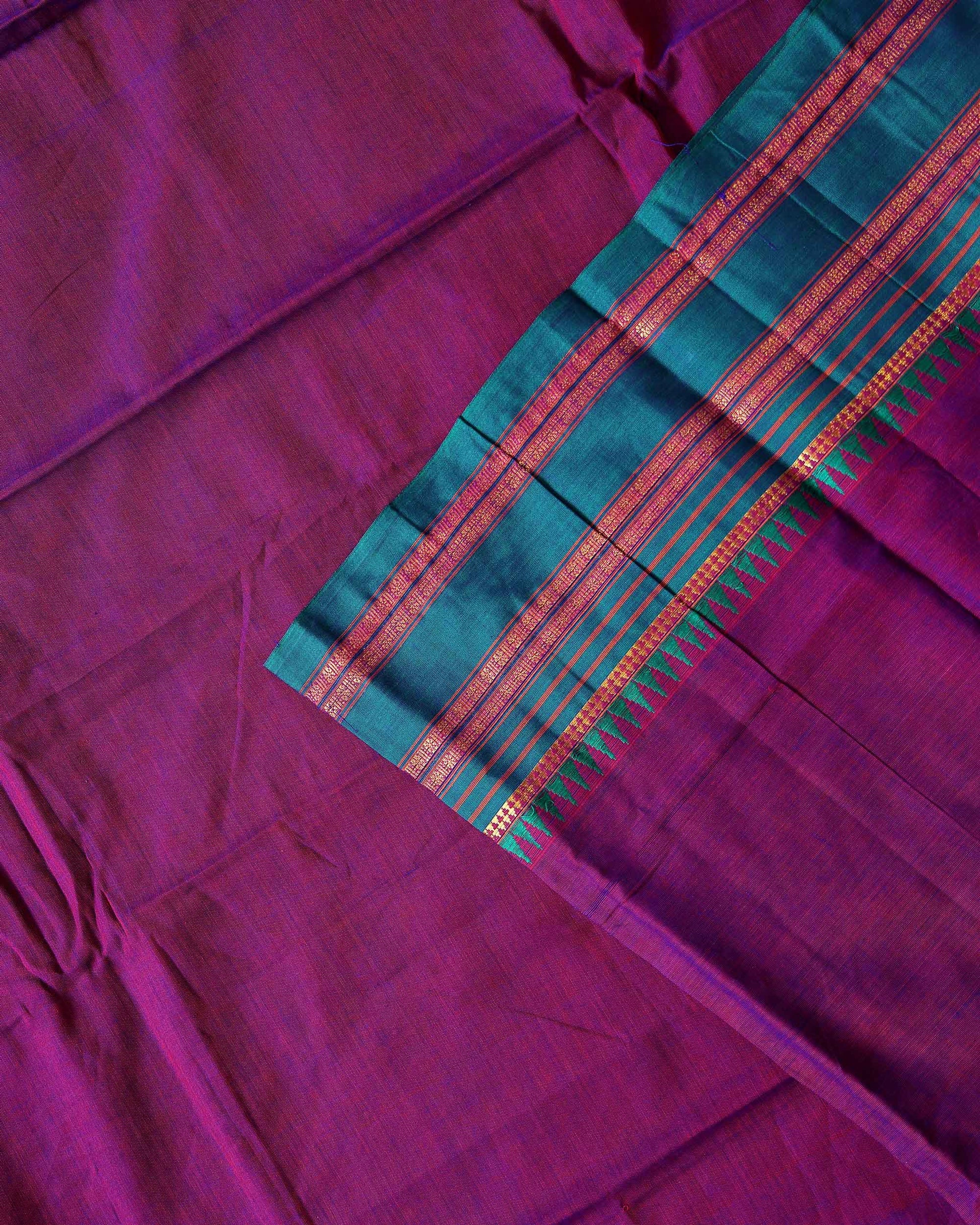 Traditional Narayanpet Cotton Saree with Traditional Temple Border and Rich Multi Stripe Zari Style Weave - Purple