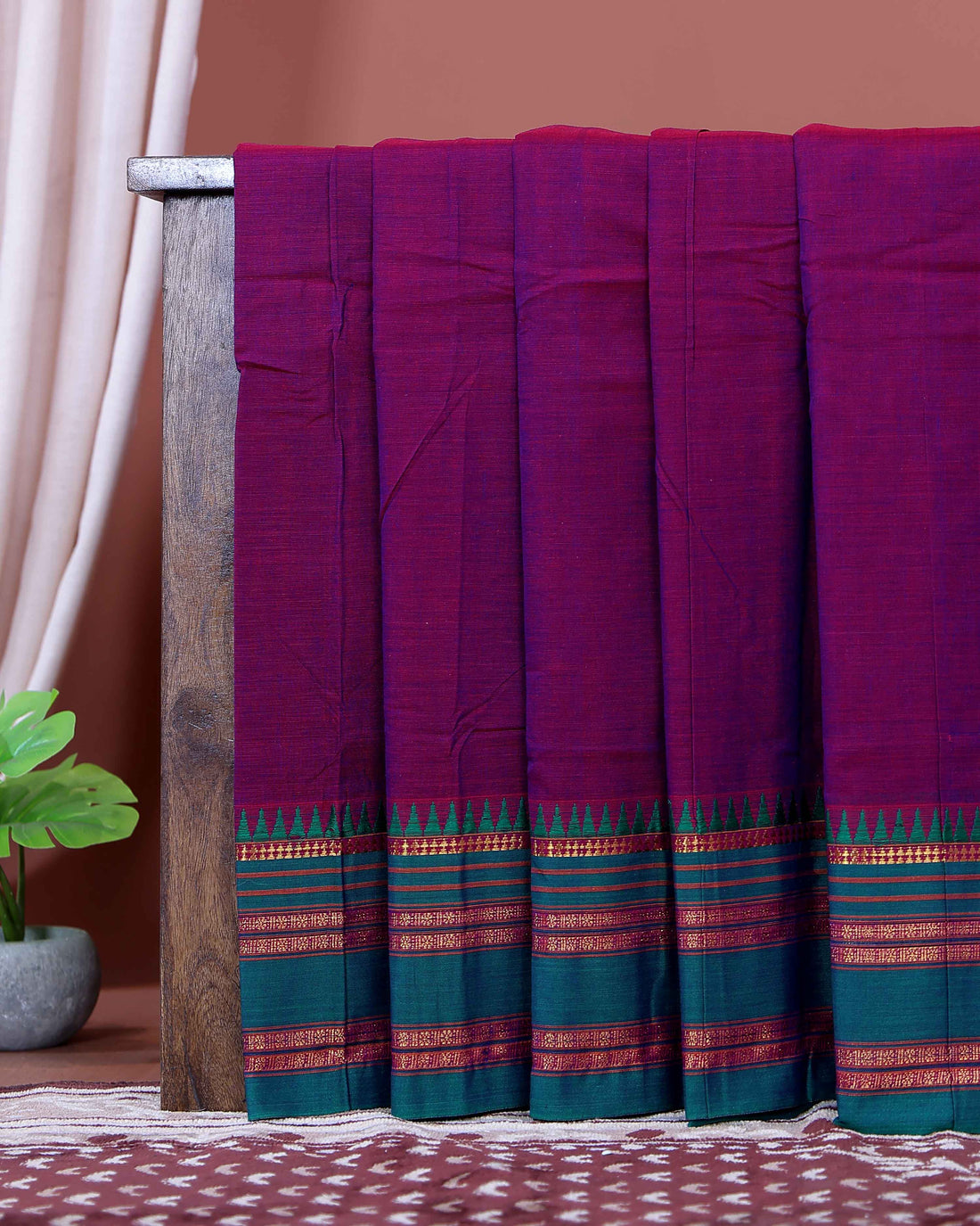 Traditional Narayanpet Cotton Saree with Traditional Temple Border and Rich Multi Stripe Zari Style Weave - Purple