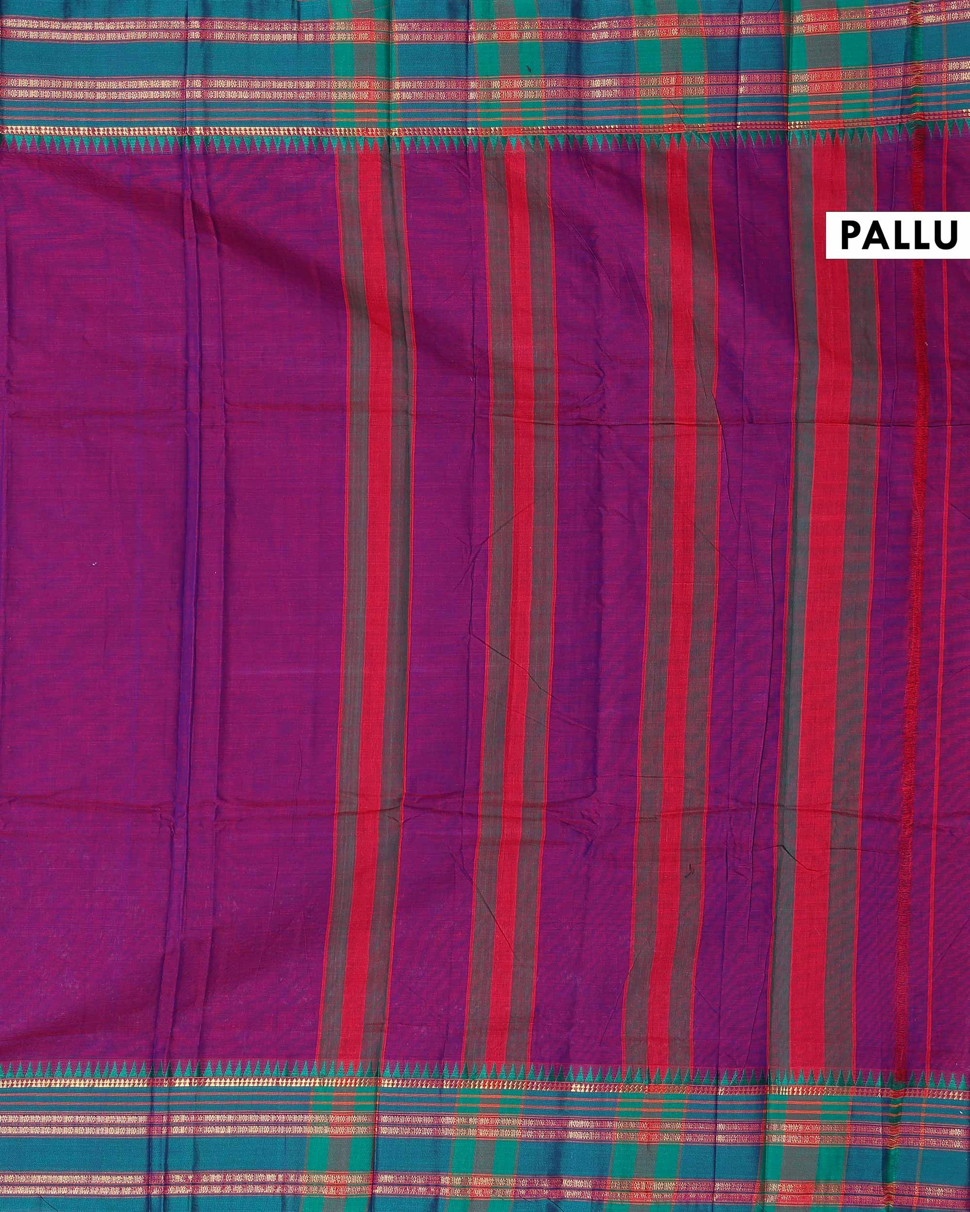 Traditional Narayanpet Cotton Saree with Traditional Temple Border and Rich Multi Stripe Zari Style Weave - Purple