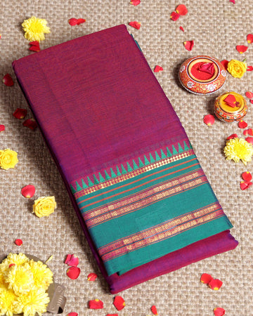 Traditional Narayanpet Cotton Saree with Traditional Temple Border and Rich Multi Stripe Zari Style Weave - Purple