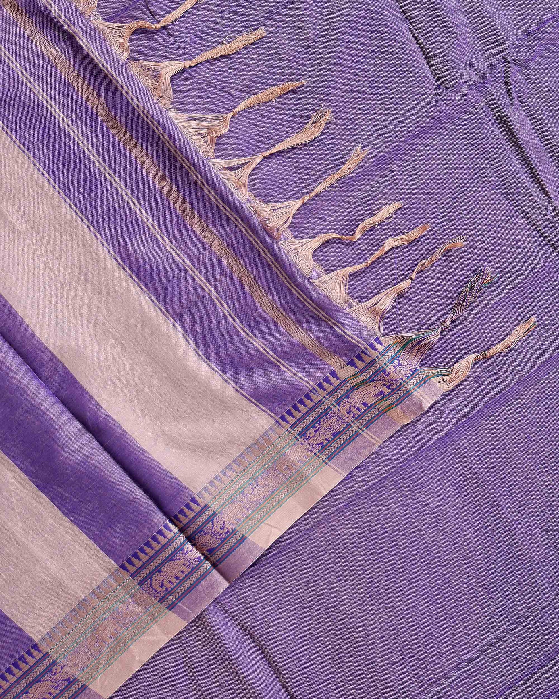 
Traditional Narayanpet Handloom Cotton Saree with Classic Temple Zari Border Intricate Floral Weave & Soft Textured Drape - Purple
