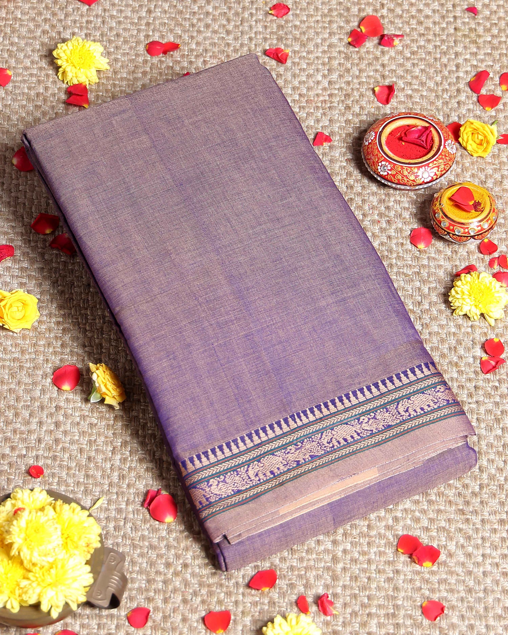 
Traditional Narayanpet Handloom Cotton Saree with Classic Temple Zari Border Intricate Floral Weave & Soft Textured Drape - Purple
