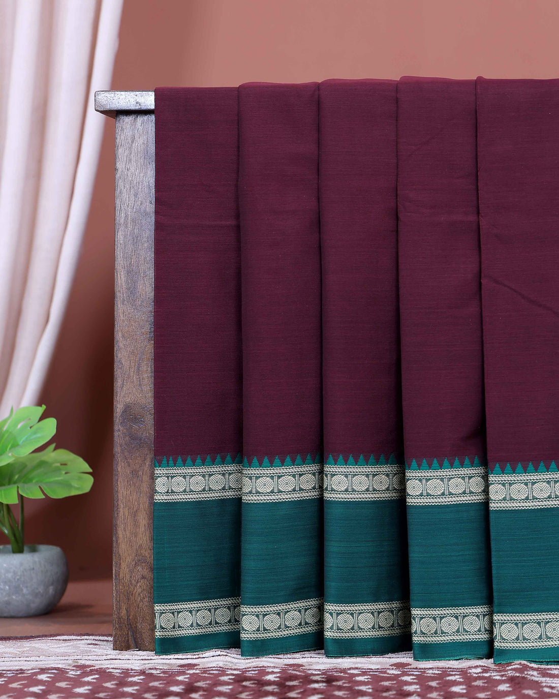 Traditional Narayanpet Handloom Cotton Saree with Contrast Temple Border Intricate Geometric Zari Motifs - Dark Purple