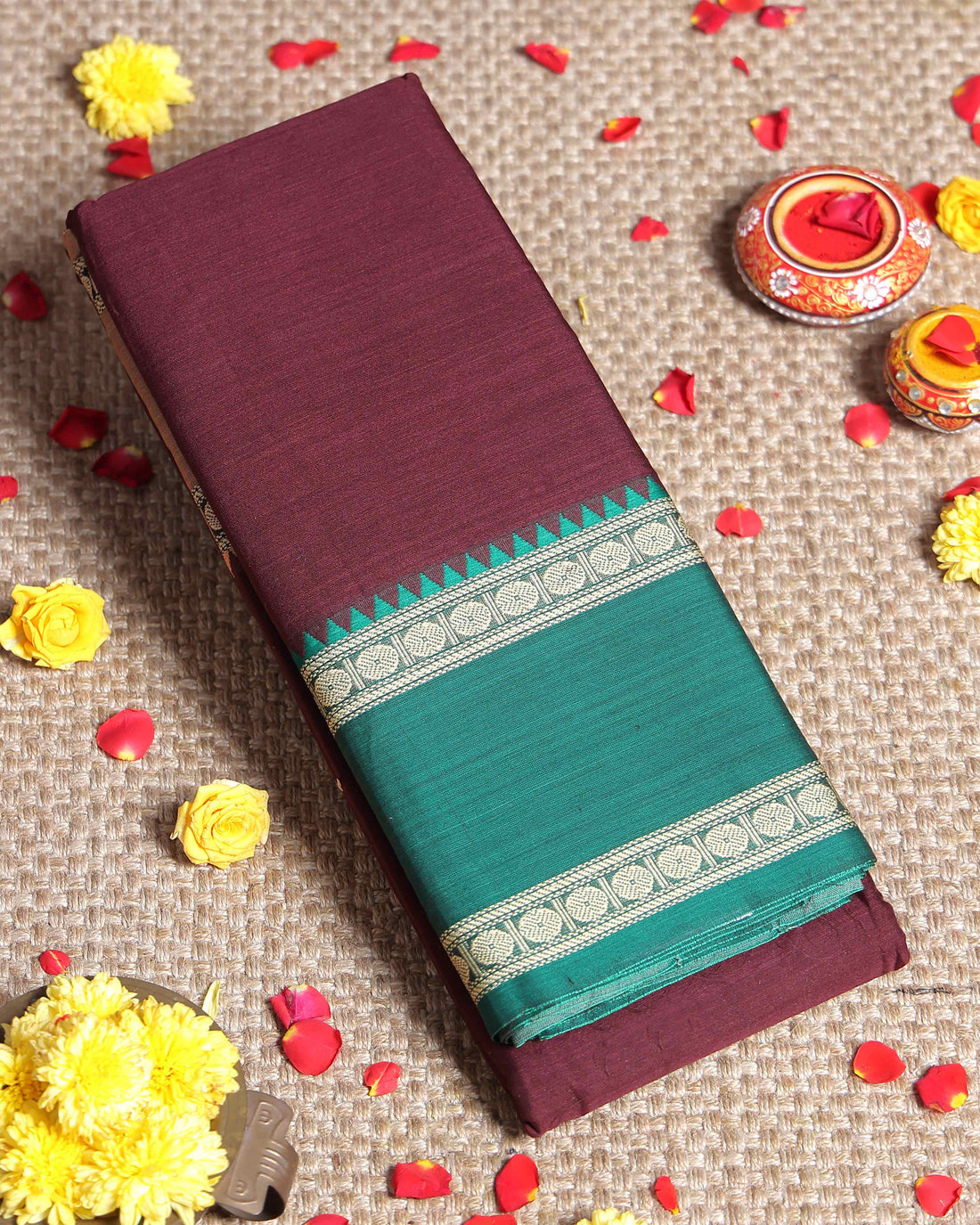 Traditional Narayanpet Handloom Cotton Saree with Contrast Temple Border Intricate Geometric Zari Motifs - Dark Purple