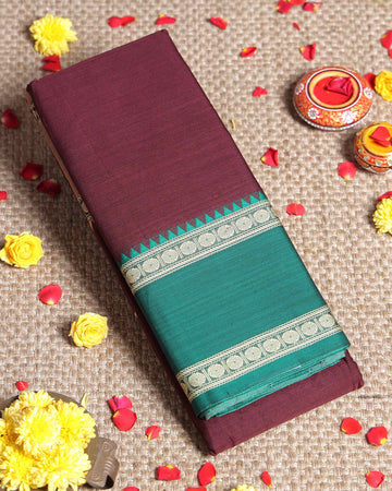 Traditional Narayanpet Handloom Cotton Saree with Contrast Temple Border Intricate Geometric Zari Motifs - Dark Purple