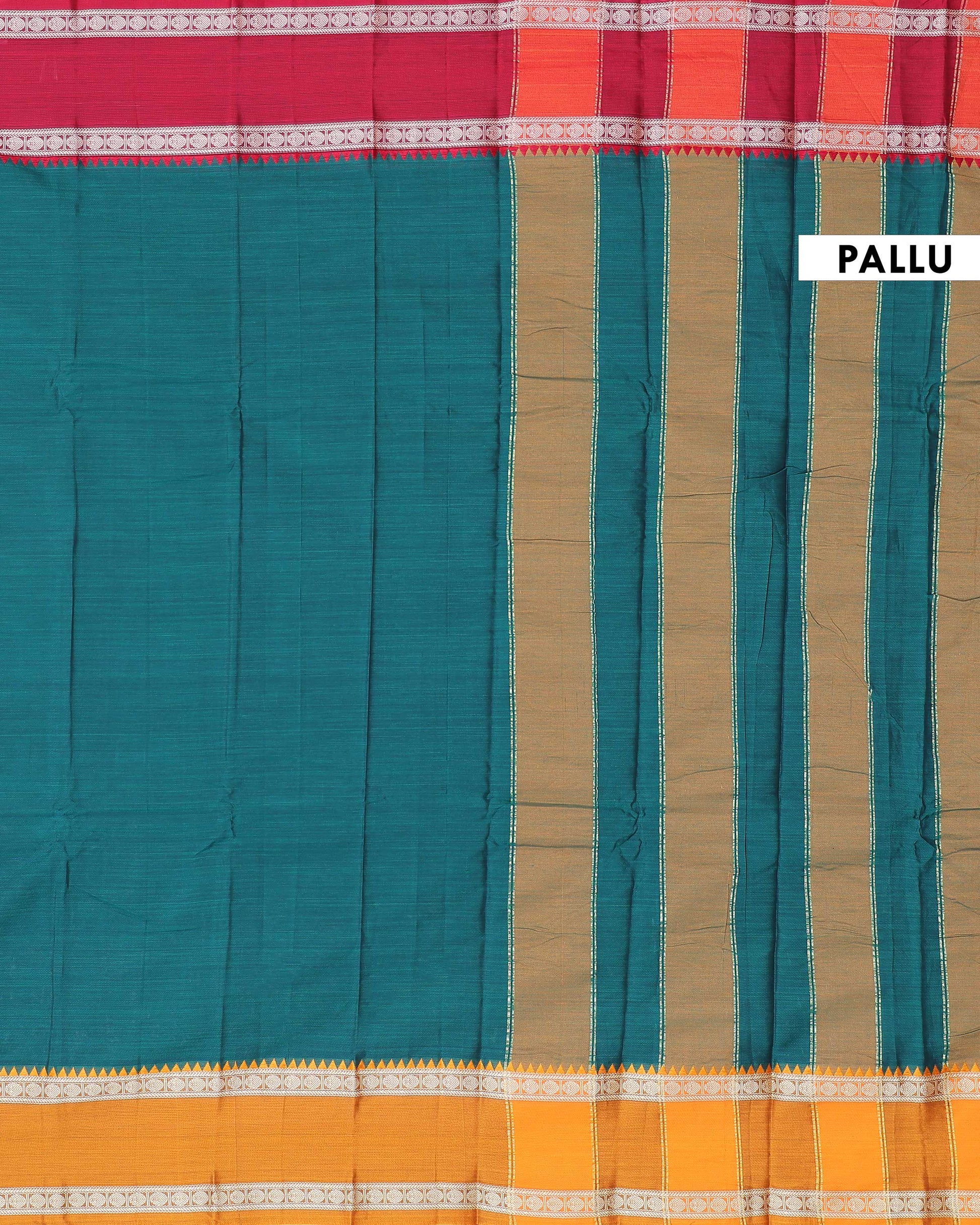 Traditional Narayanpet Handloom Cotton Saree with Contrast Temple Border Intricate Geometric Zari Motifs - Green