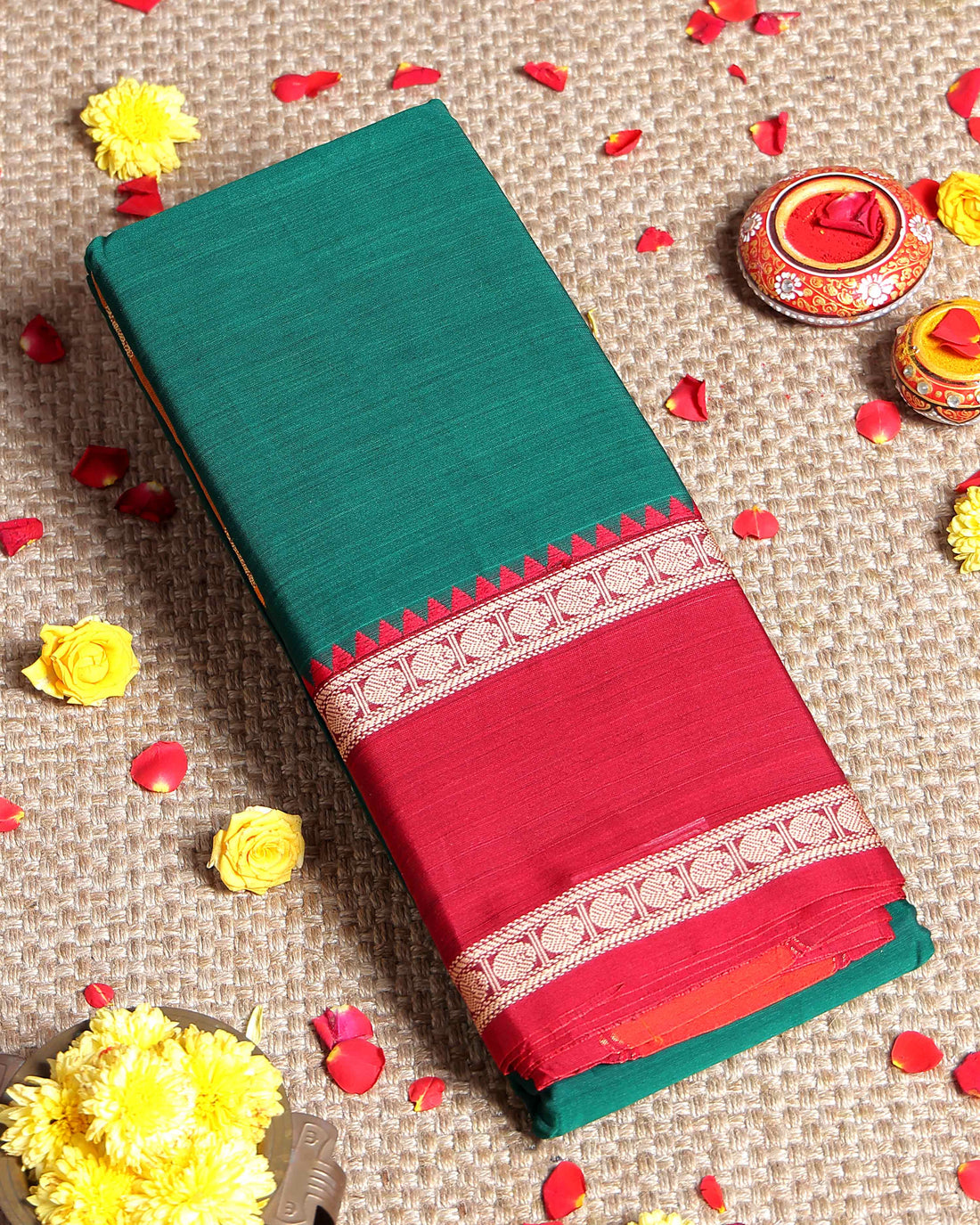 Traditional Narayanpet Handloom Cotton Saree with Contrast Temple Border Intricate Geometric Zari Motifs - Green