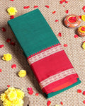 Traditional Narayanpet Handloom Cotton Saree with Contrast Temple Border Intricate Geometric Zari Motifs - Green