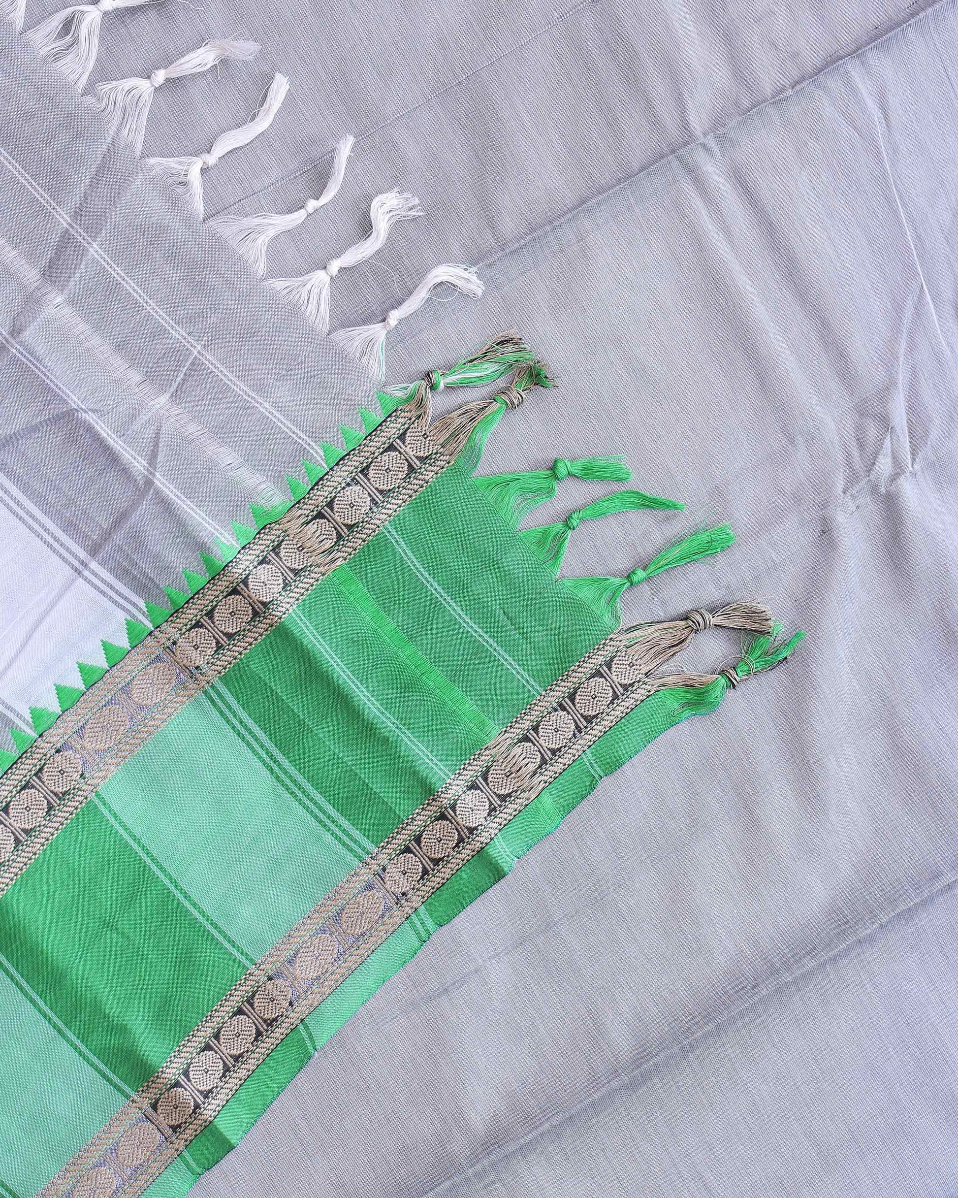 Traditional Narayanpet Handloom Cotton Saree with Contrast Temple Border Intricate Geometric Zari Motifs - Grey