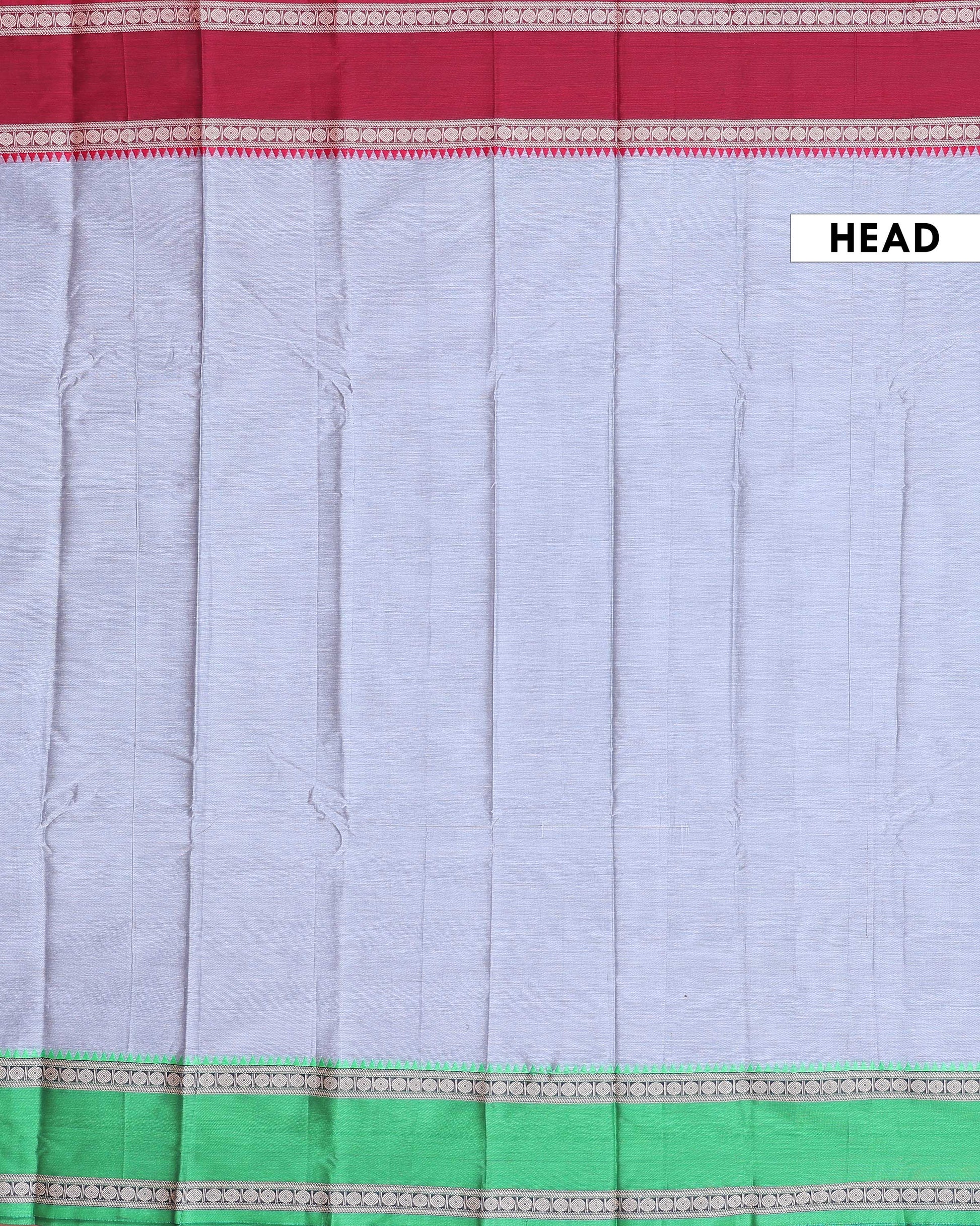 Traditional Narayanpet Handloom Cotton Saree with Contrast Temple Border Intricate Geometric Zari Motifs - Grey