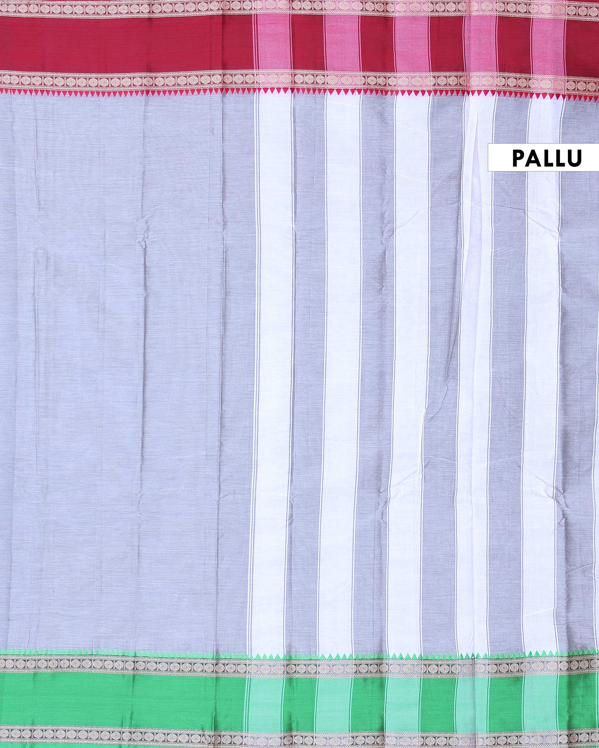 Traditional Narayanpet Handloom Cotton Saree with Contrast Temple Border Intricate Geometric Zari Motifs - Grey