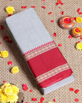 Traditional Narayanpet Handloom Cotton Saree with Contrast Temple Border Intricate Geometric Zari Motifs - Grey