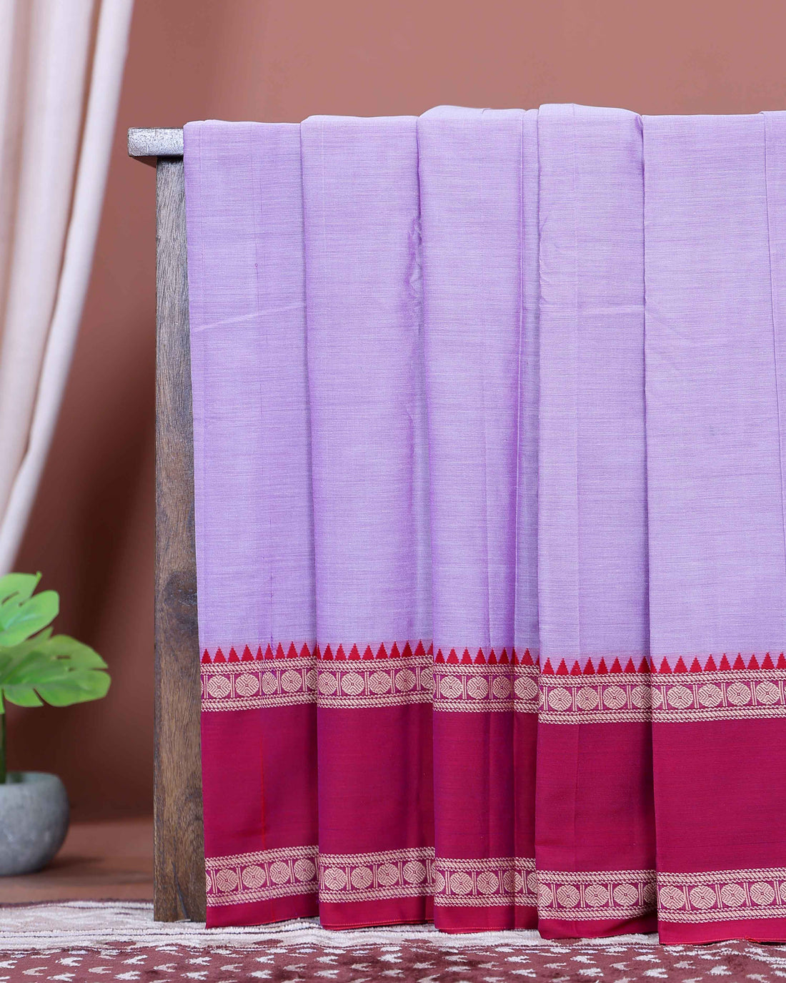 Traditional Narayanpet Handloom Cotton Saree with Contrast Temple Border Intricate Geometric Zari Motifs - Lavender