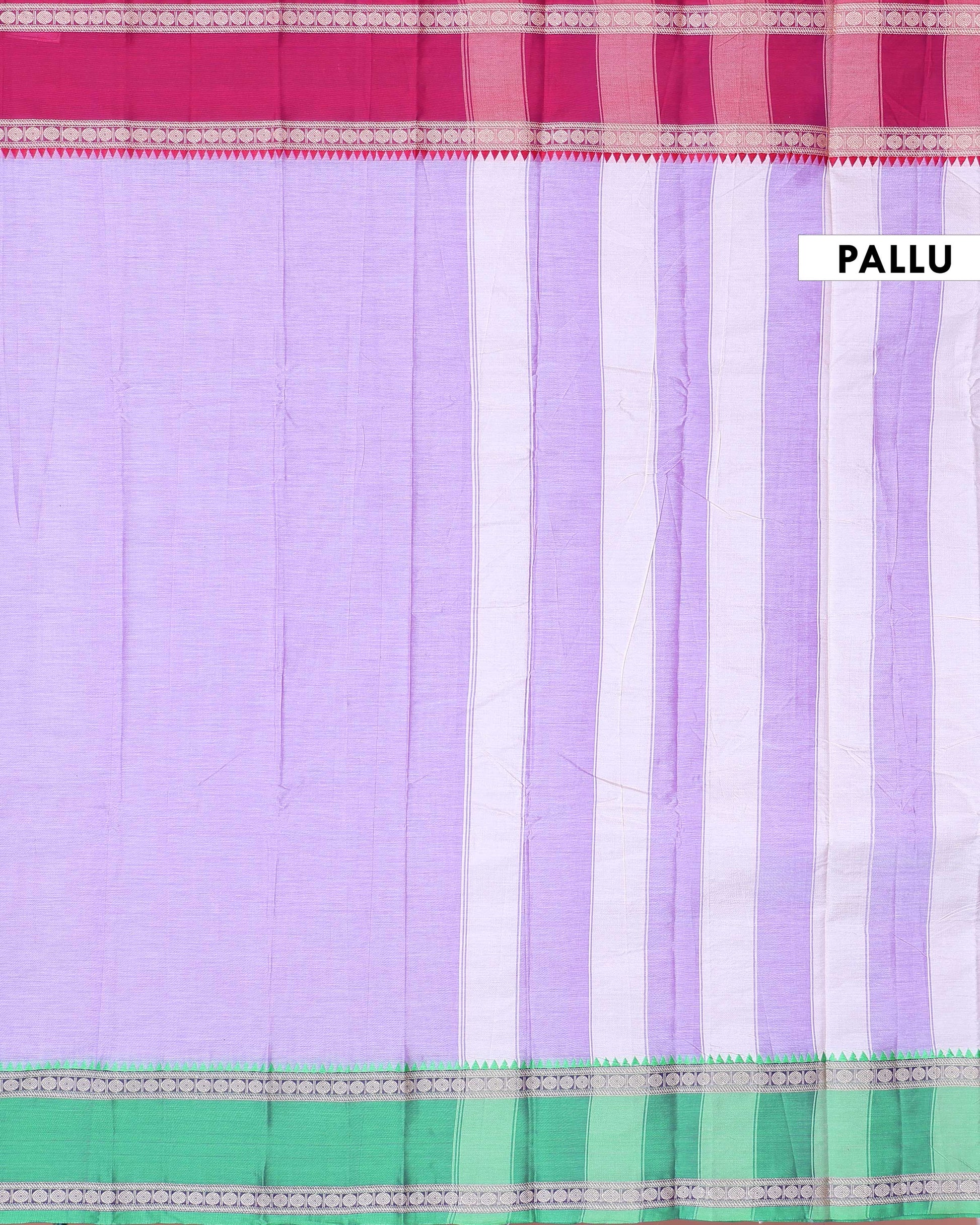Traditional Narayanpet Handloom Cotton Saree with Contrast Temple Border Intricate Geometric Zari Motifs - Lavender