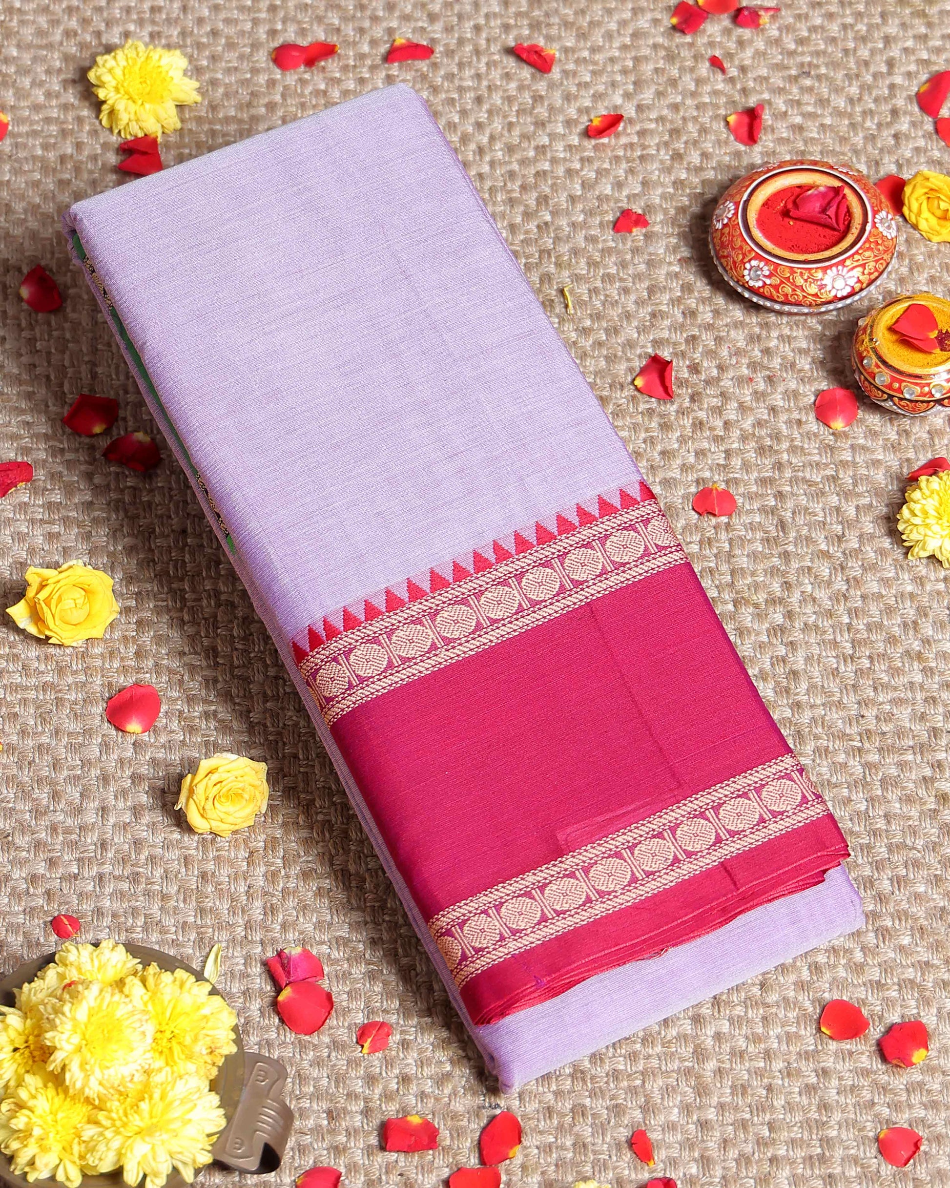 Traditional Narayanpet Handloom Cotton Saree with Contrast Temple Border Intricate Geometric Zari Motifs - Lavender