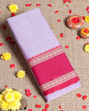 Traditional Narayanpet Handloom Cotton Saree with Contrast Temple Border Intricate Geometric Zari Motifs - Lavender