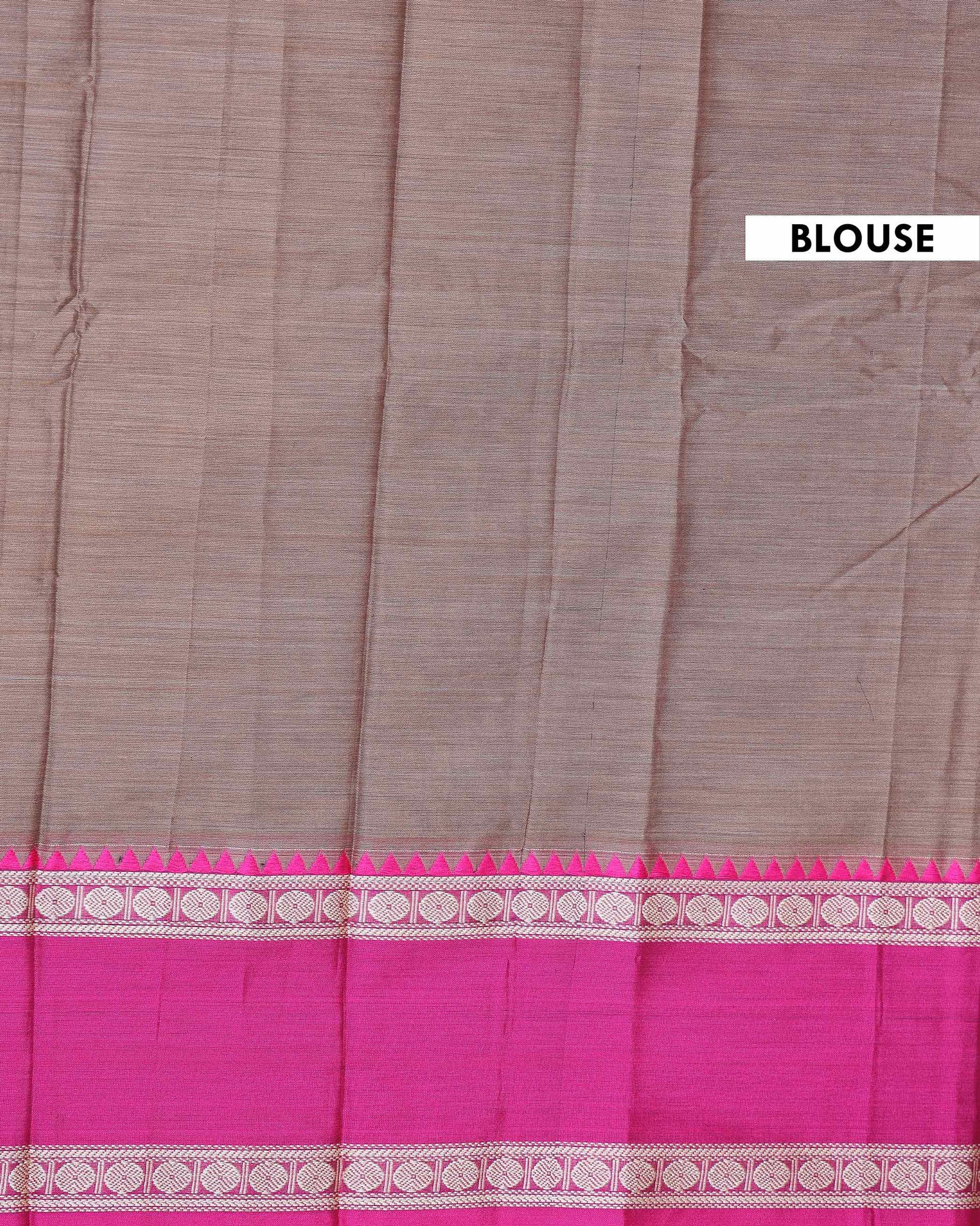 Traditional Narayanpet Handloom Cotton Saree with Contrast Temple Border Intricate Geometric Zari Motifs - Light Brown