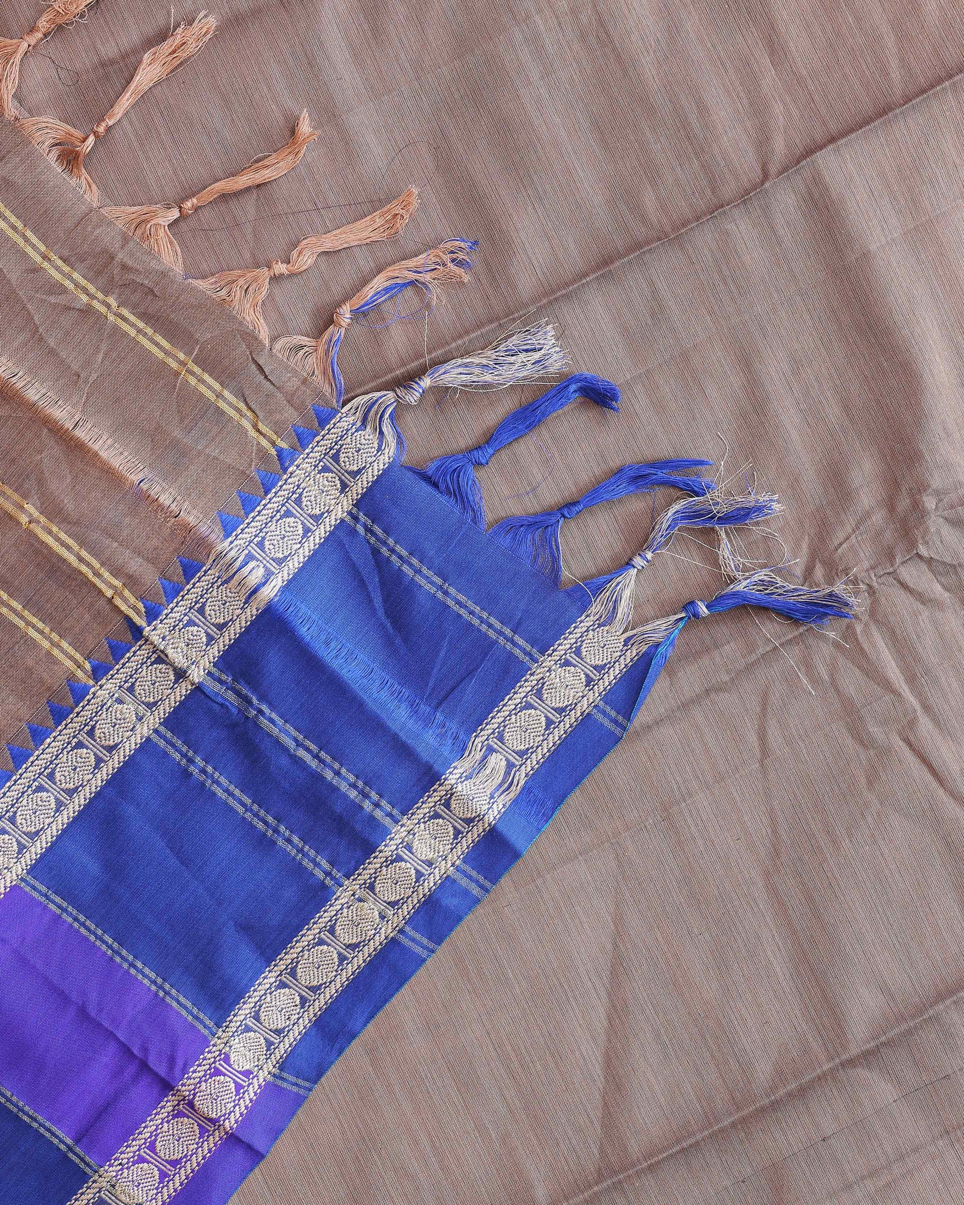 Traditional Narayanpet Handloom Cotton Saree with Contrast Temple Border Intricate Geometric Zari Motifs - Light Brown