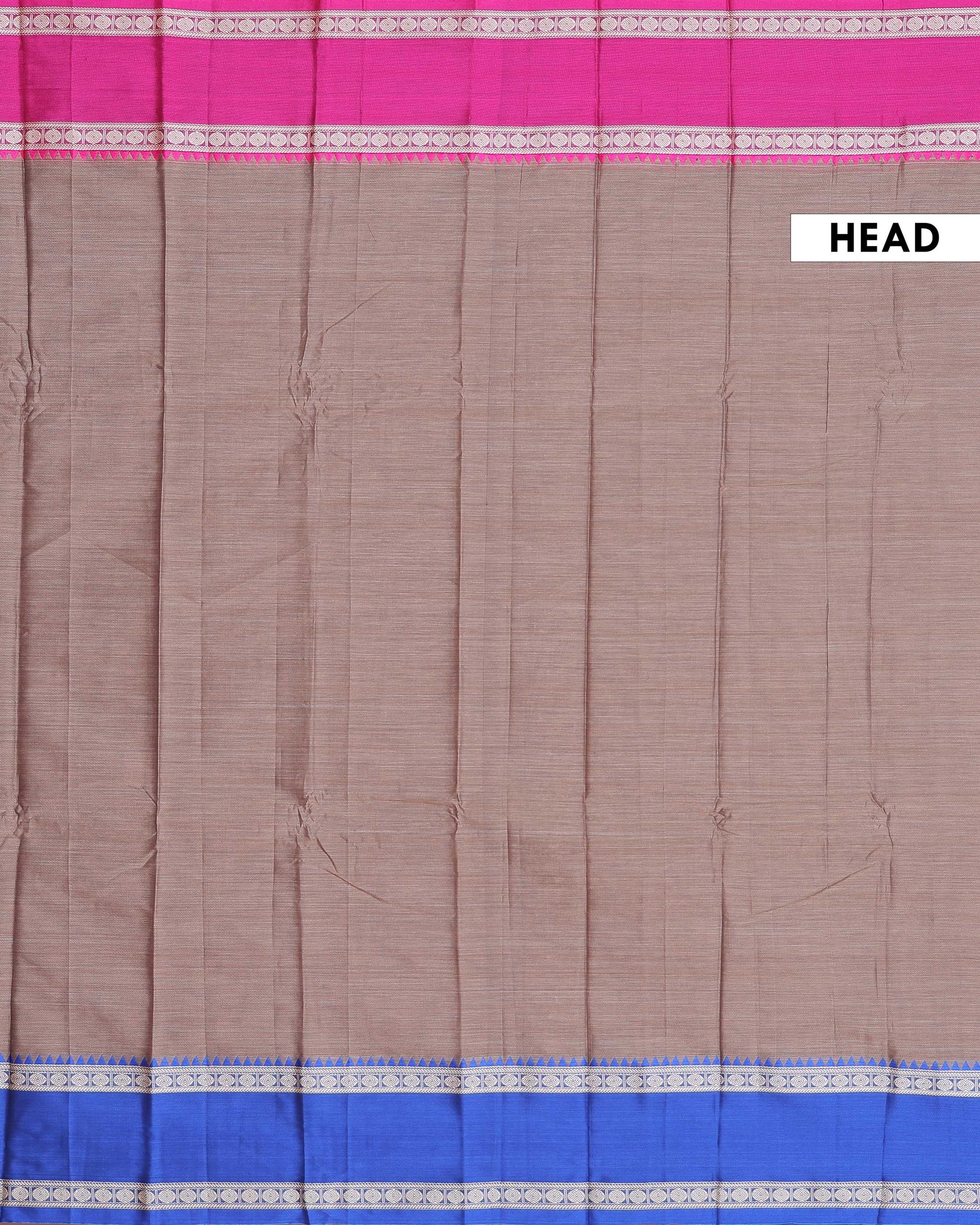 Traditional Narayanpet Handloom Cotton Saree with Contrast Temple Border Intricate Geometric Zari Motifs - Light Brown