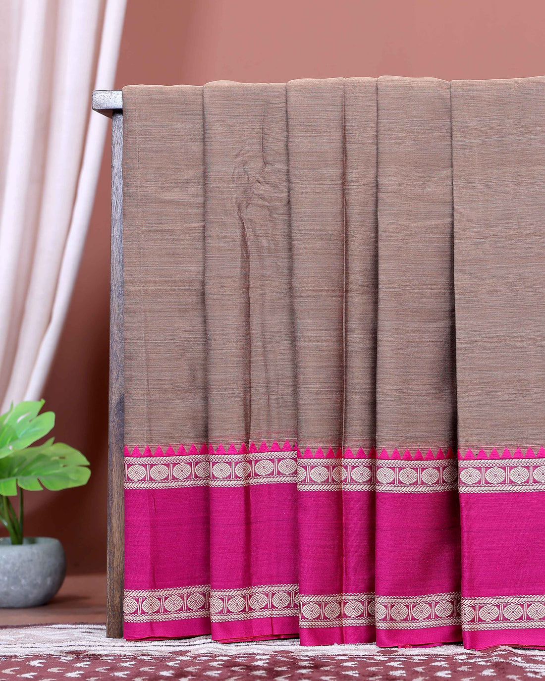 Traditional Narayanpet Handloom Cotton Saree with Contrast Temple Border Intricate Geometric Zari Motifs - Light Brown
